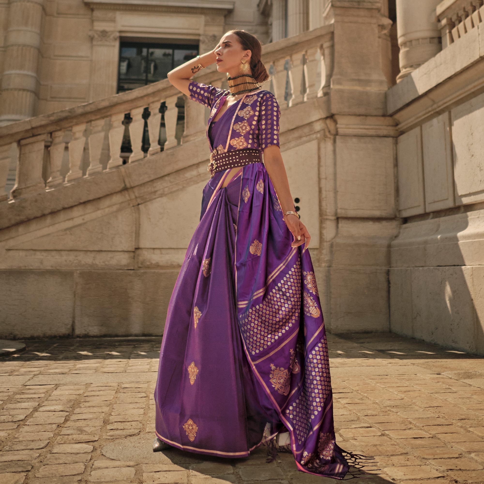 Purple Floral Woven Satin Saree With Tassels