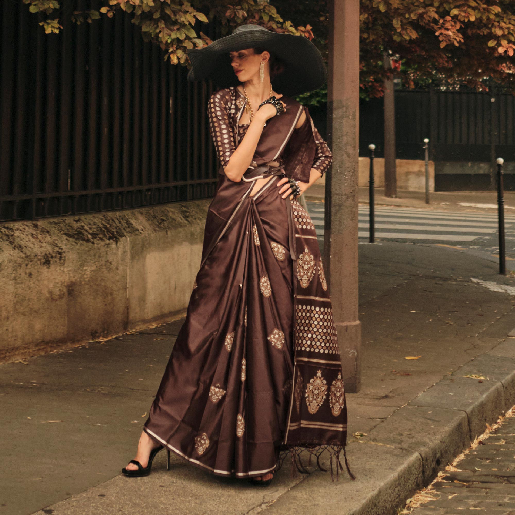 Brown Floral Woven Satin Saree With Tassels