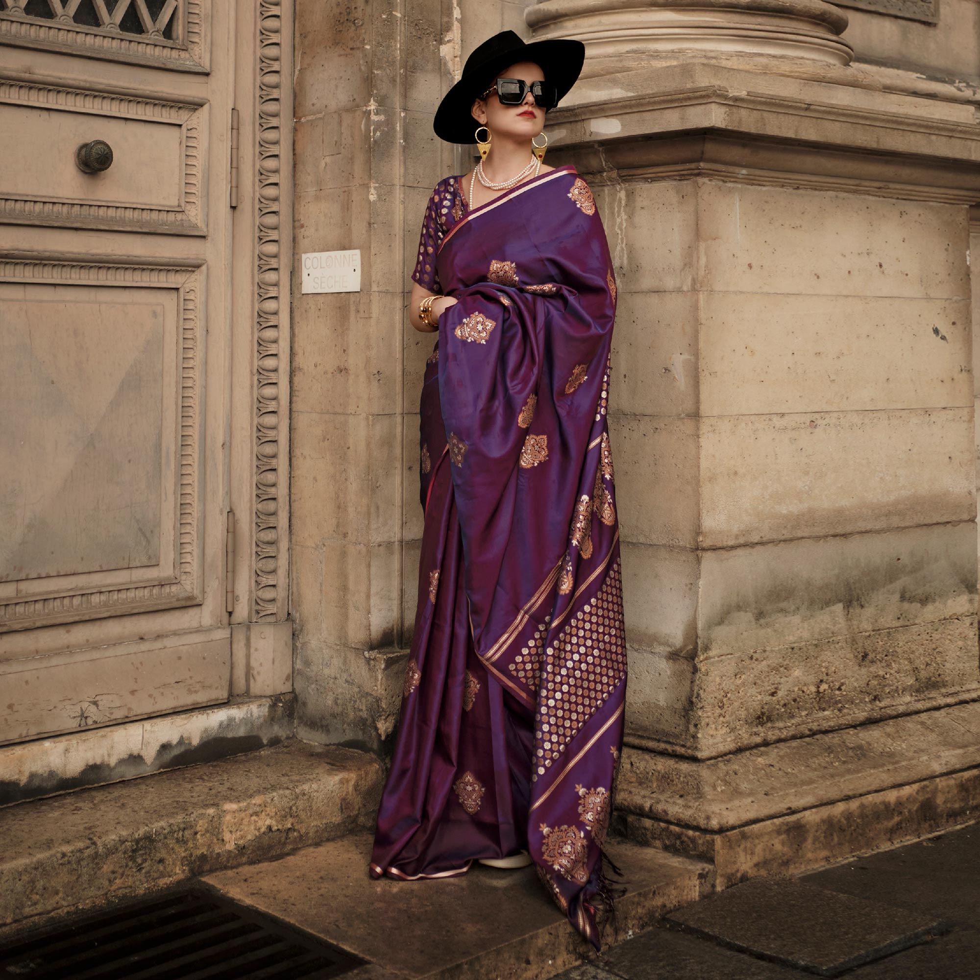 Purple Floral Woven Satin Saree With Tassels