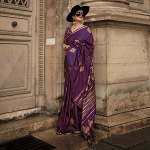 Purple Floral Woven Satin Saree With Tassels