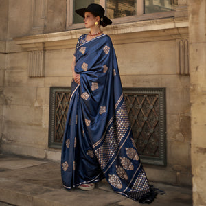 Blue Floral Woven Satin Saree With Tassels