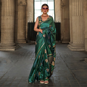 Green Floral Woven Satin Saree With Tassels