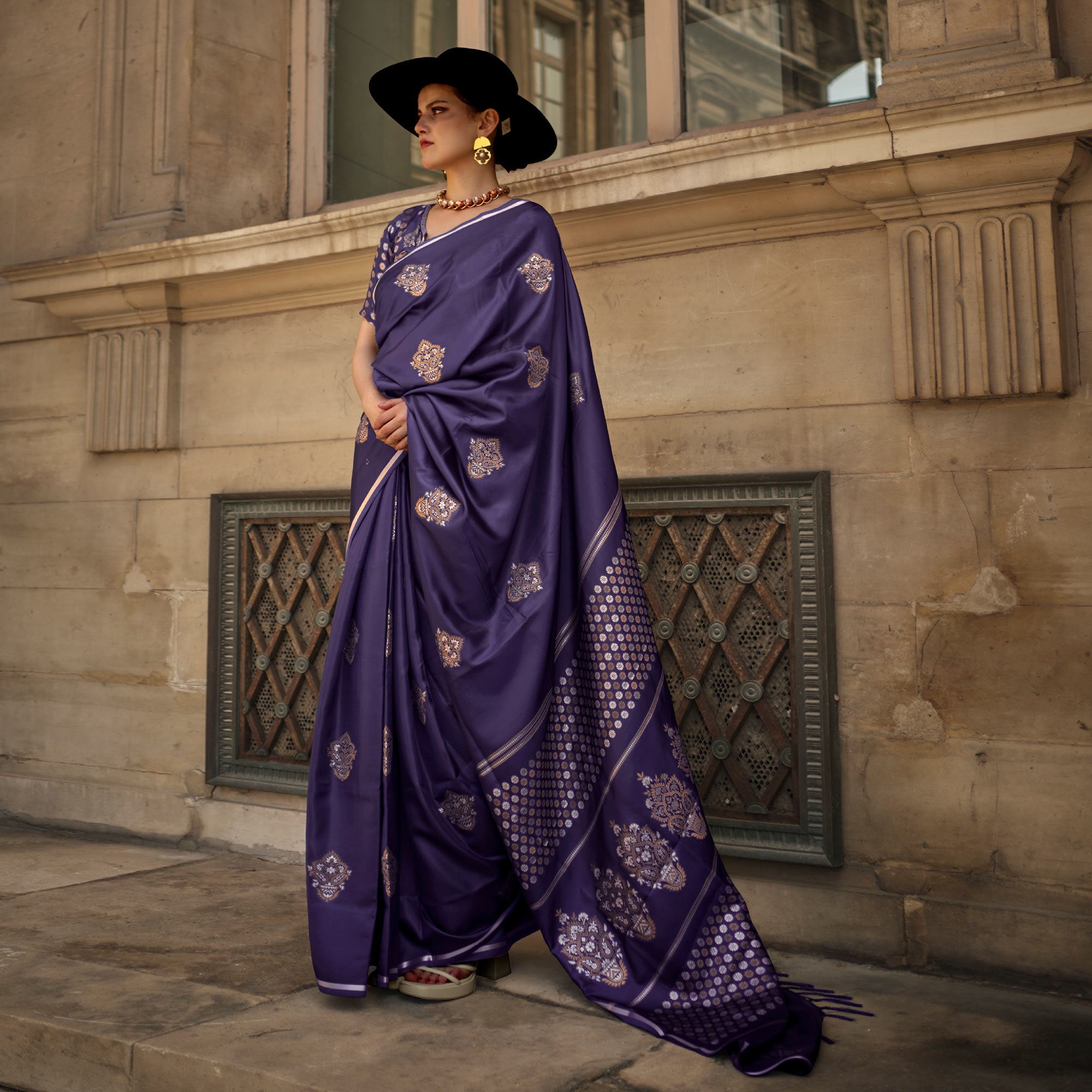 Violet Floral Woven Satin Saree With Tassels