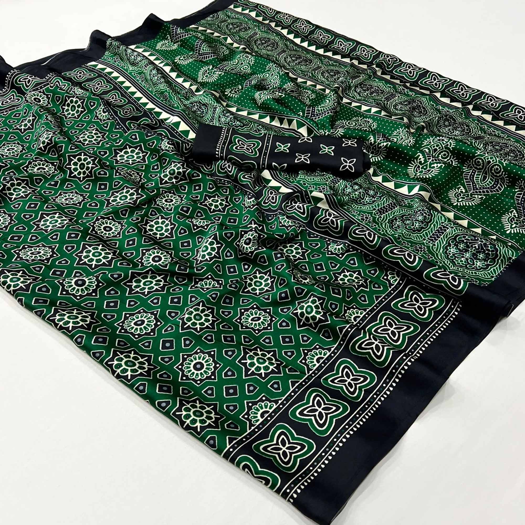 Green Printed Crepe Saree