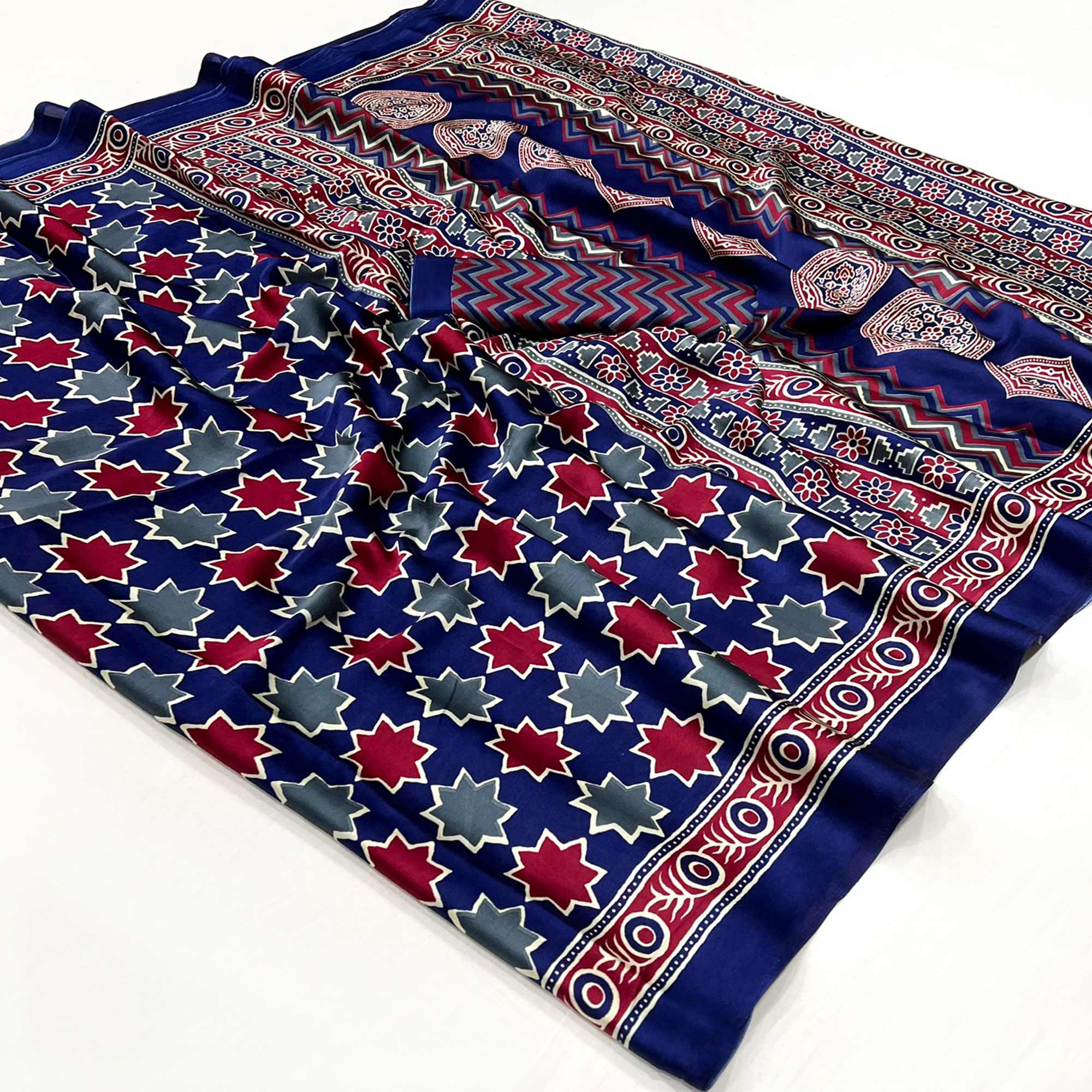 Blue Printed Crepe Saree