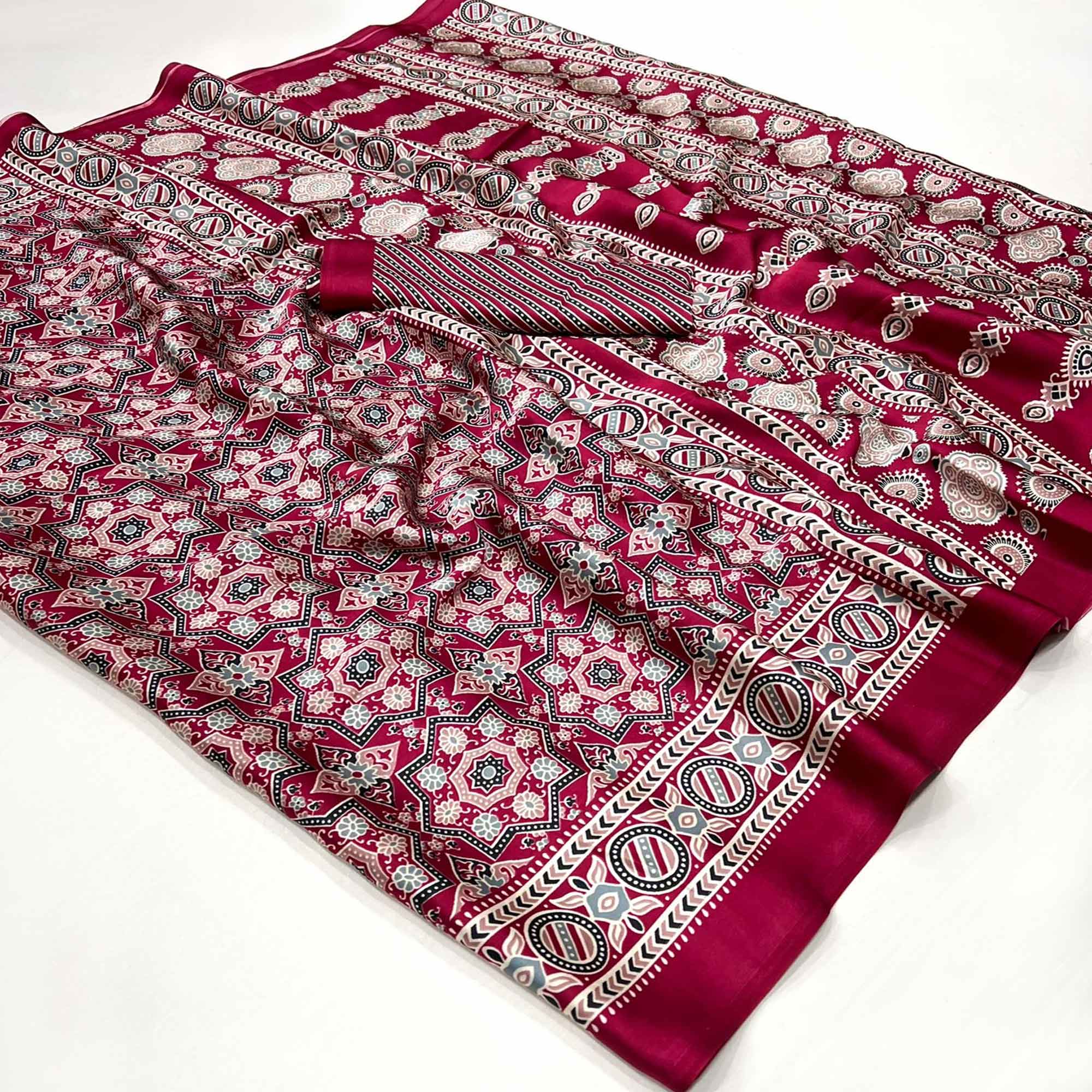 Maroon Printed Crepe Saree