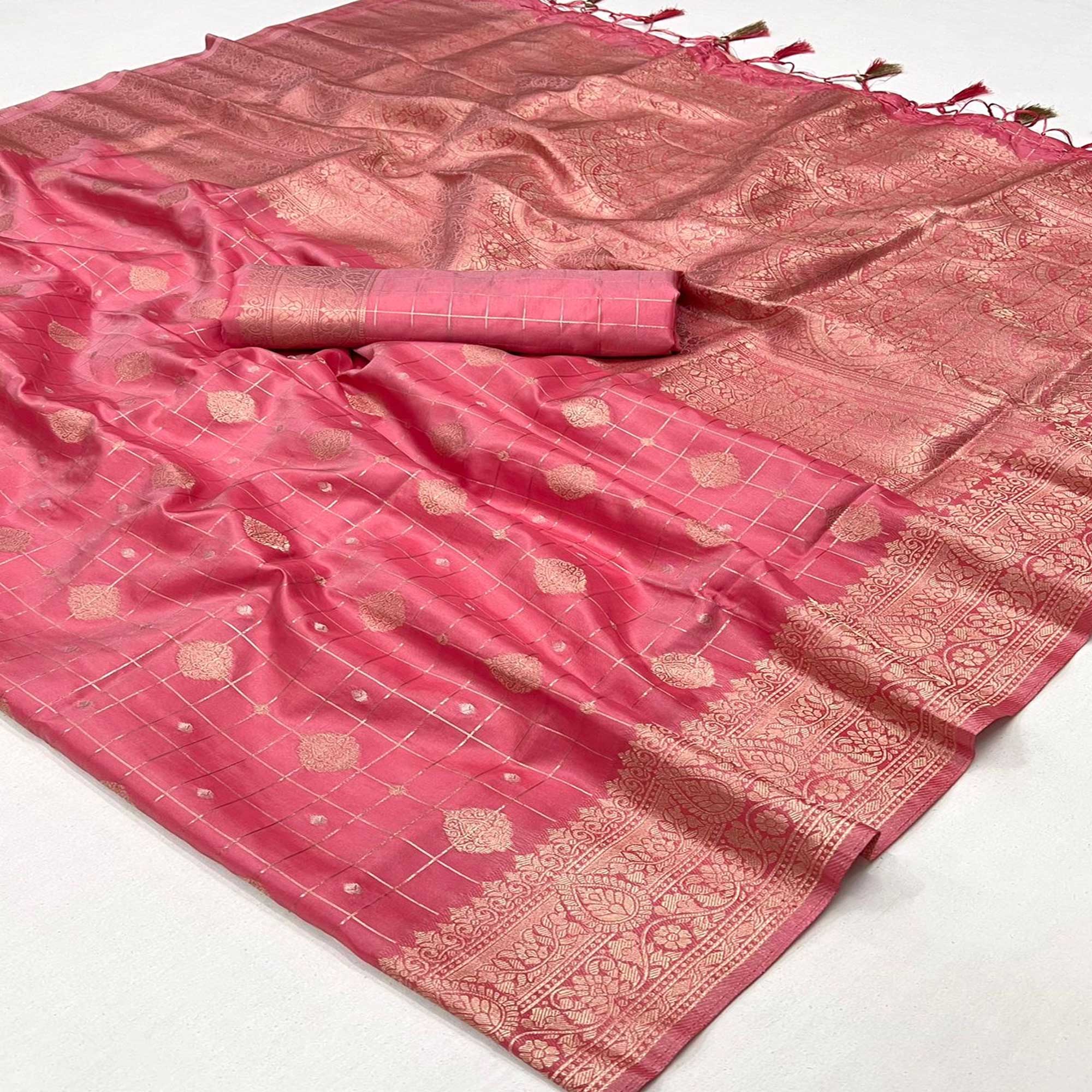 Peach Woven Art Silk Saree With Tassels