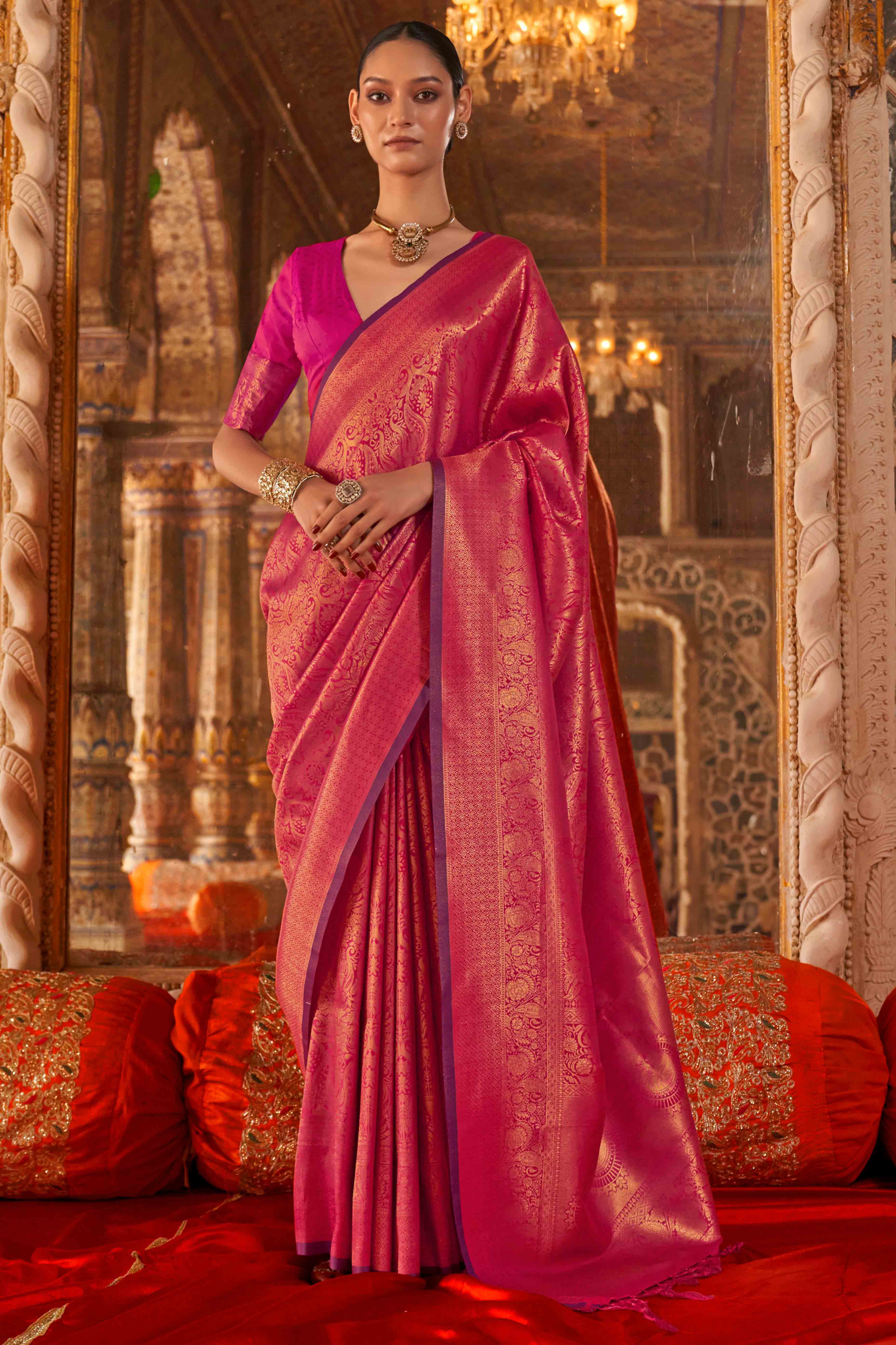 Dark Pink Pure Look Banarasi Saree with Classic Zari Brocade Weaving