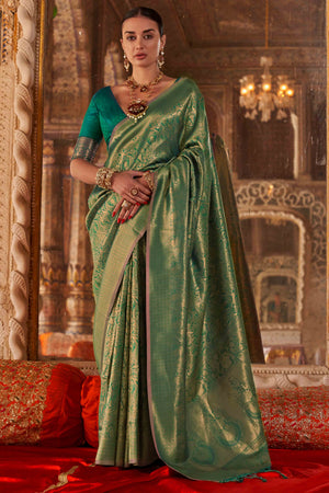 Morpich Green Pure Look Banarasi Saree with Classic Zari Brocade Weaving