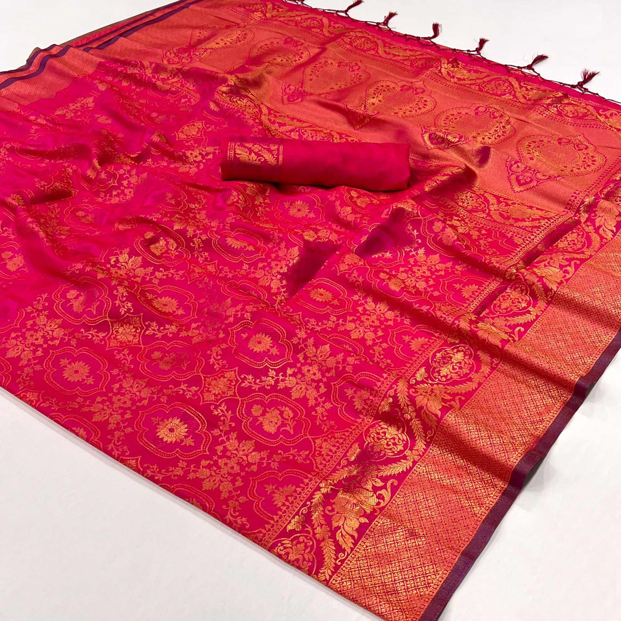 Rani Pink Zari Weaving Art Silk Saree With Tassels