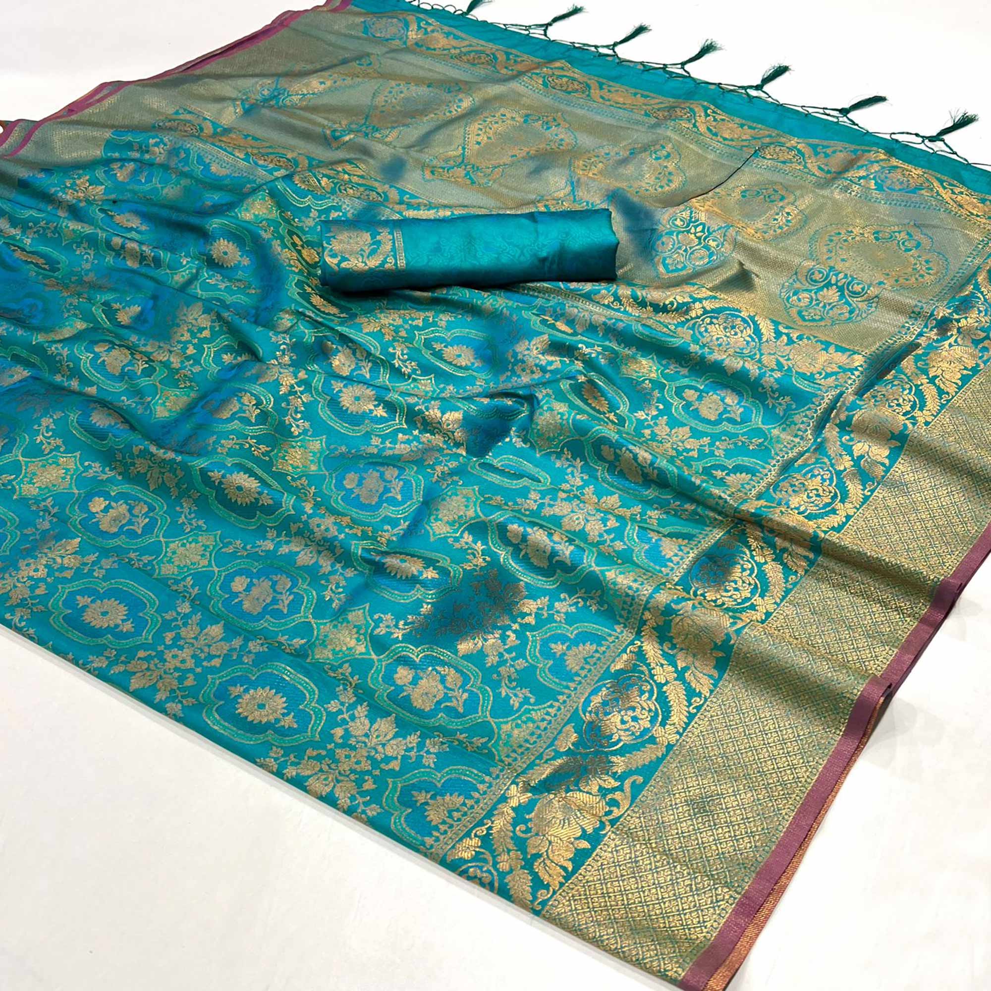 Rama Blue Zari Weaving Art Silk Saree With Tassels