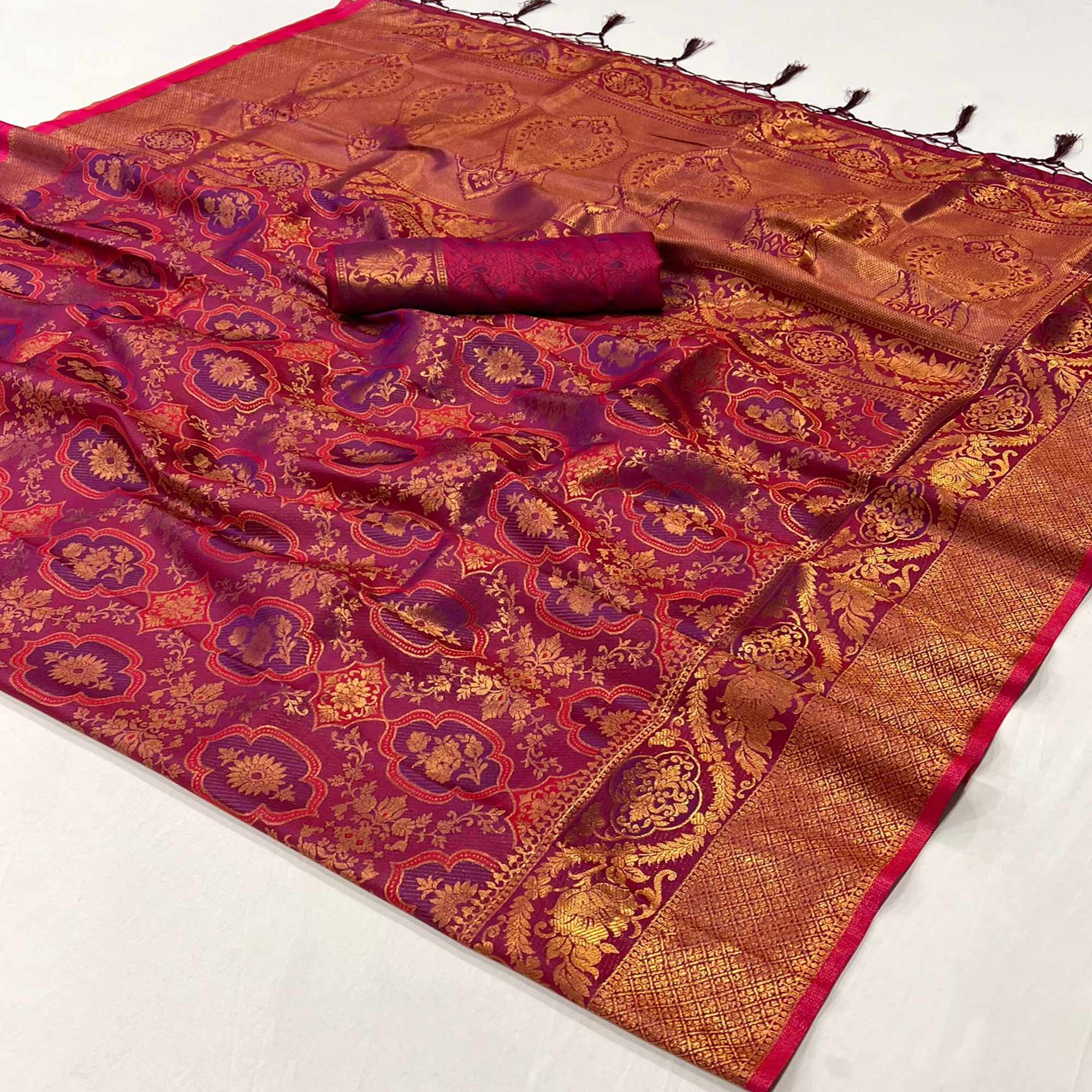 Magenta Zari Weaving Art Silk Saree With Tassels