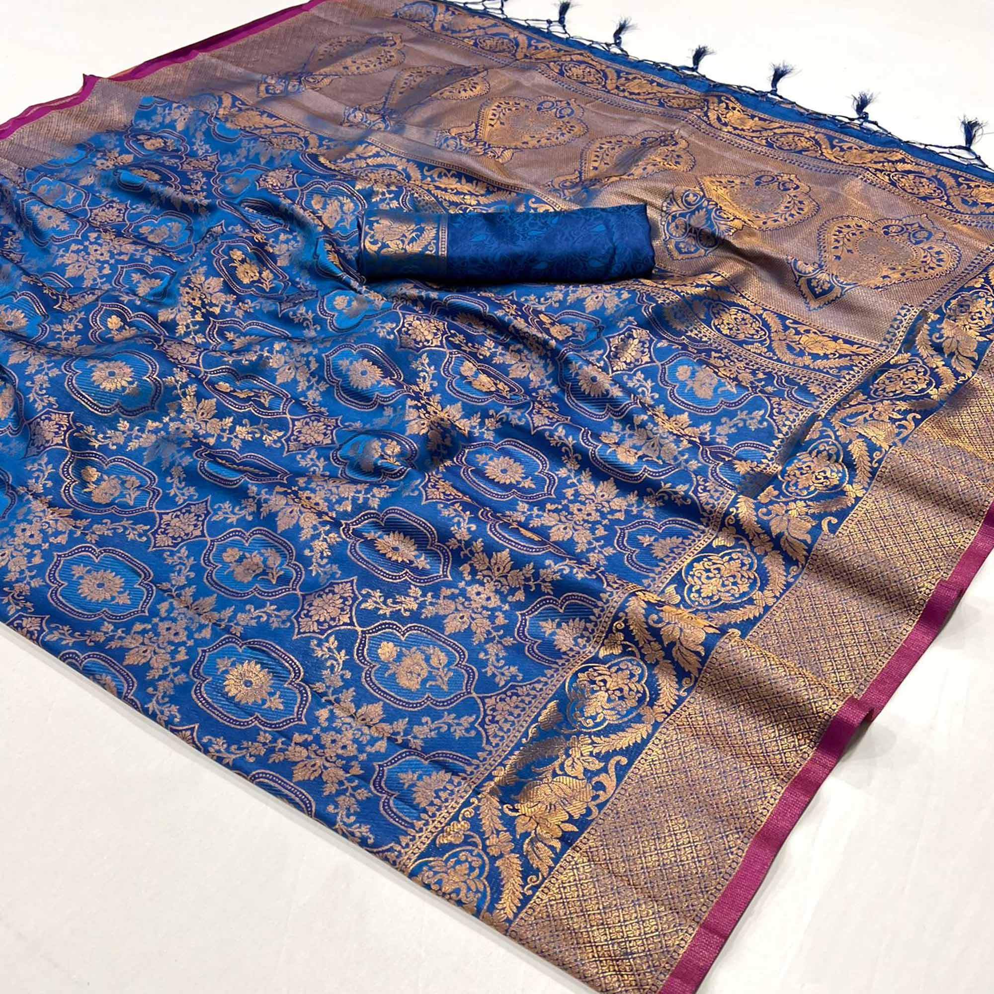 Blue Zari Weaving Art Silk Saree With Tassels