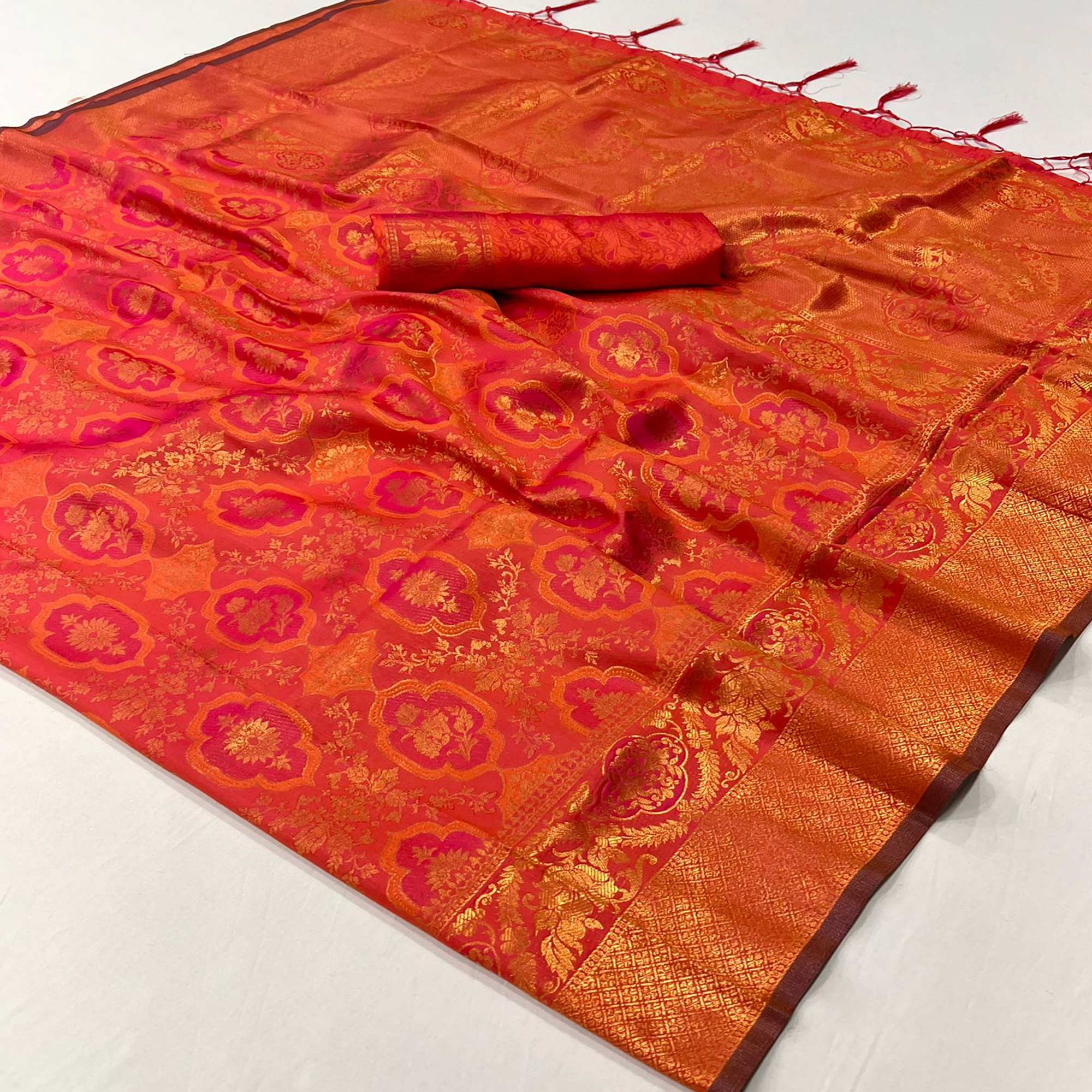 Orange Zari Weaving Art Silk Saree With Tassels