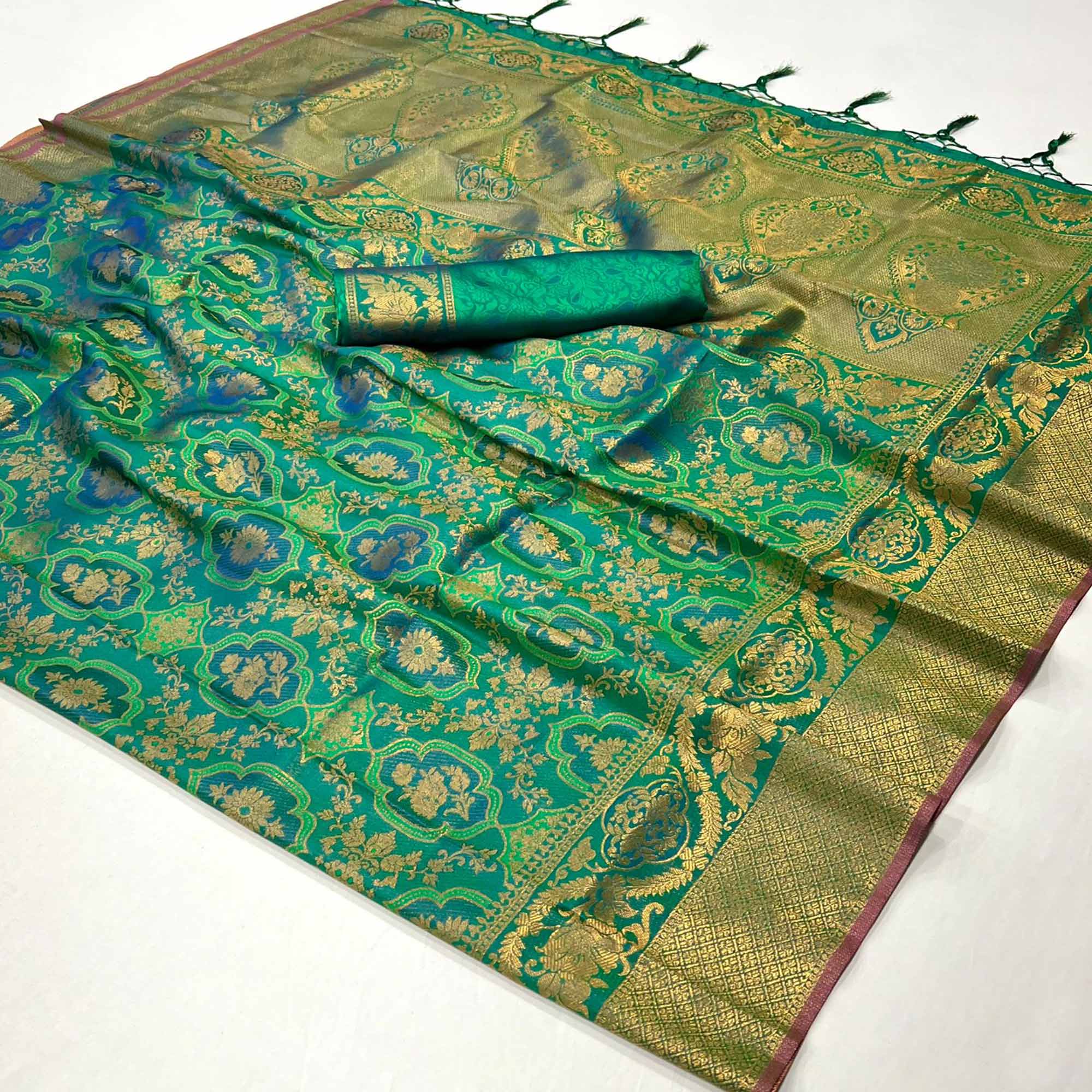 Rama Green Zari Weaving Art Silk Saree With Tassels