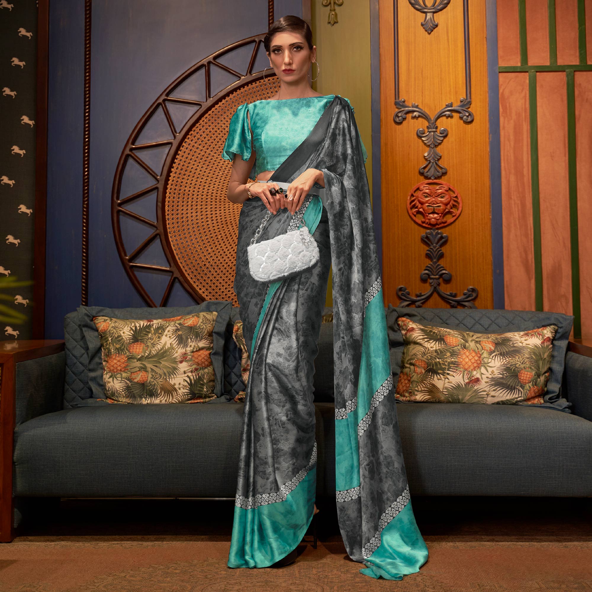 Grey Floral Printed Satin Saree