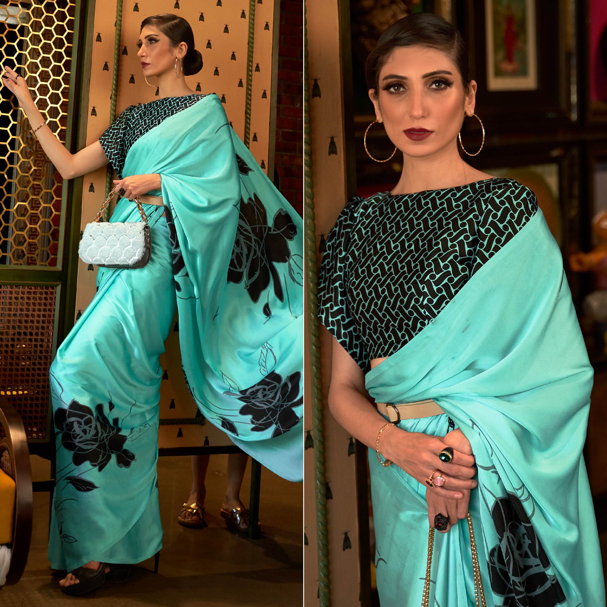 Turquoise Floral Printed Satin Saree