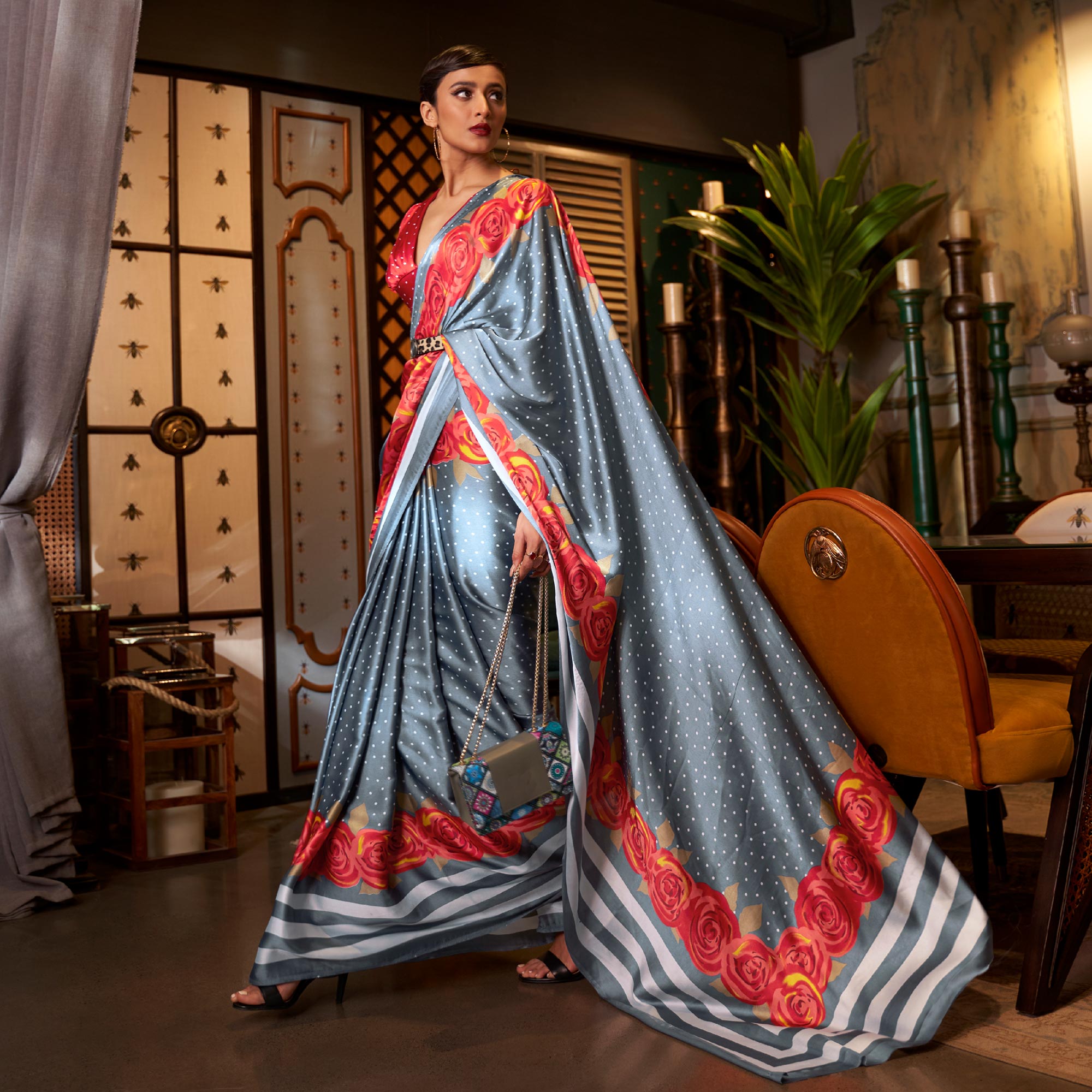 Grey Floral Printed Satin Saree