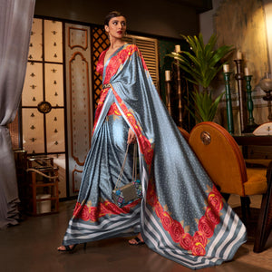 Grey Floral Printed Satin Saree