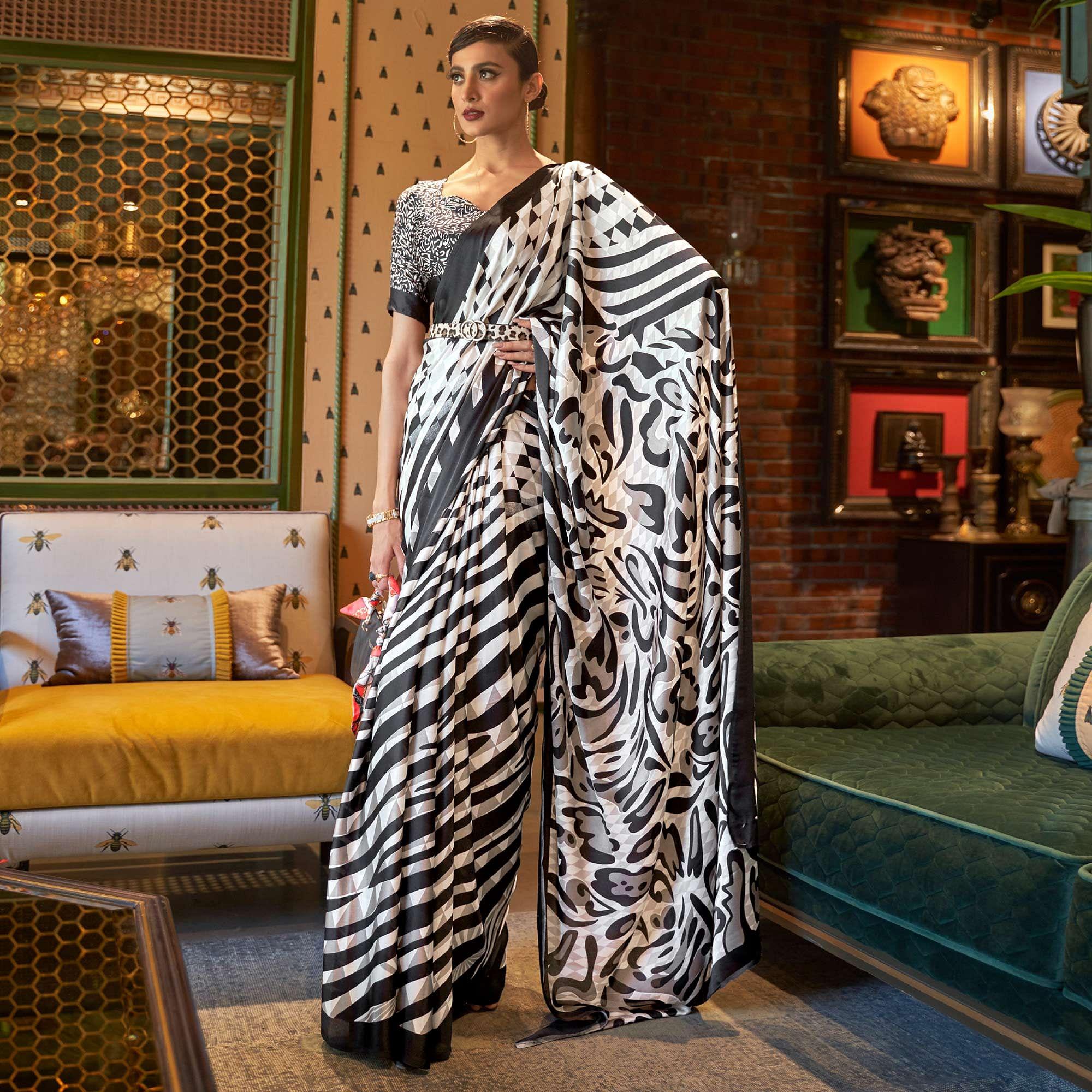 White & Black Striped Printed Satin Saree