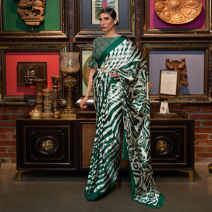 White & Green Striped Printed Satin Saree