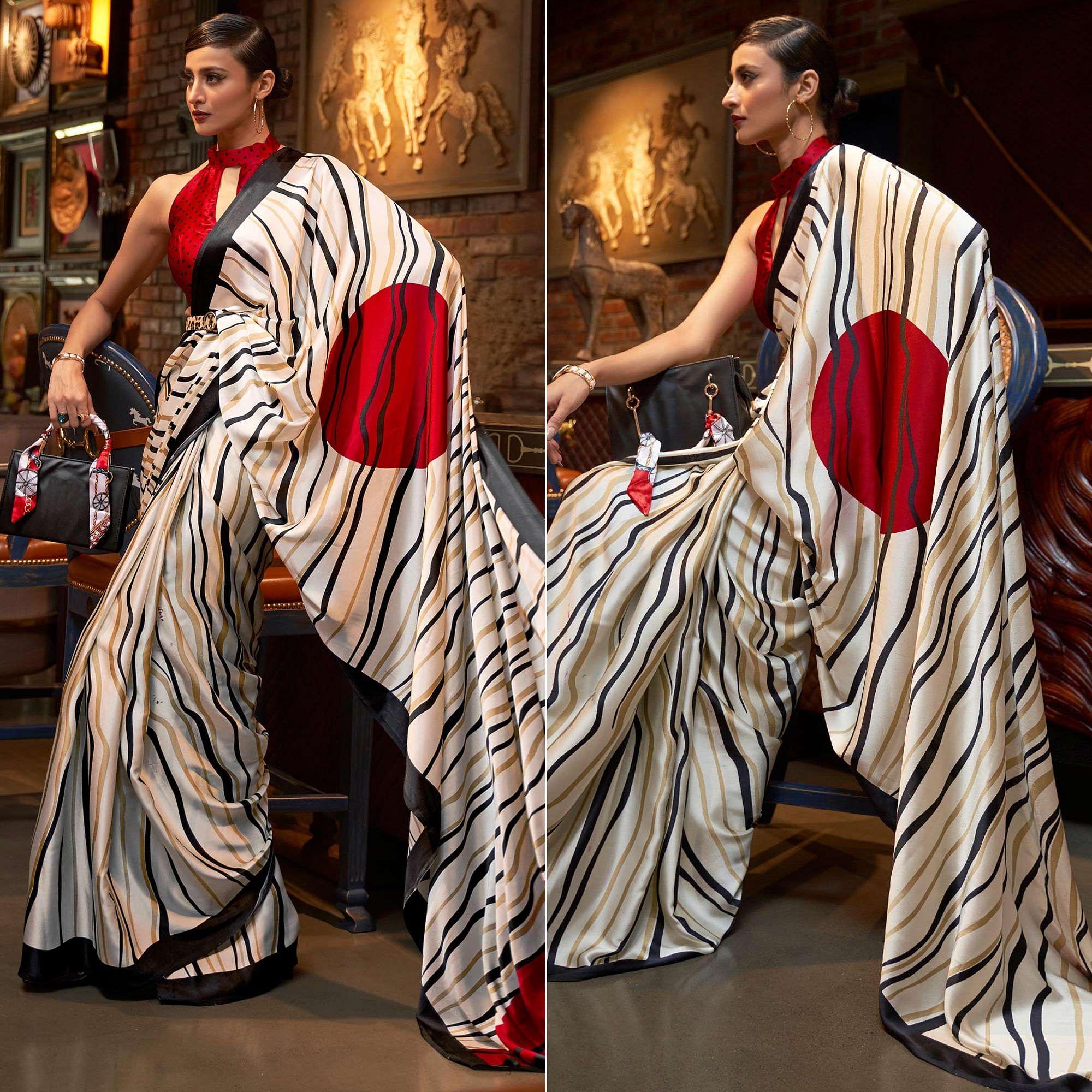 Off White Striped Printed Satin Saree
