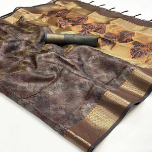 Brown Zari Woven Organza Saree Tassels