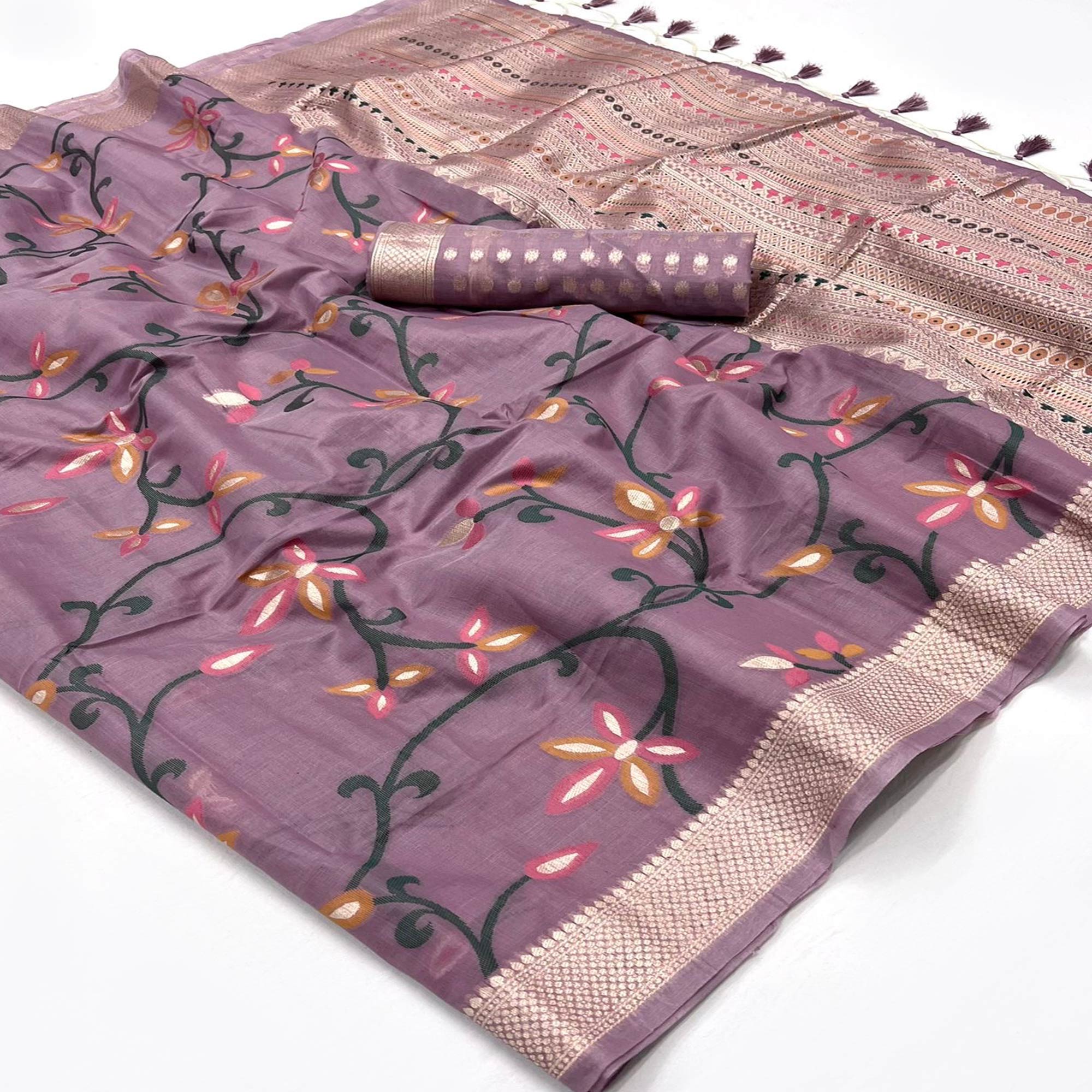 Mauve Floral Woven Cotton Silk Saree With Tassels