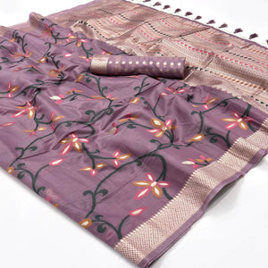 Mauve Floral Woven Cotton Silk Saree With Tassels