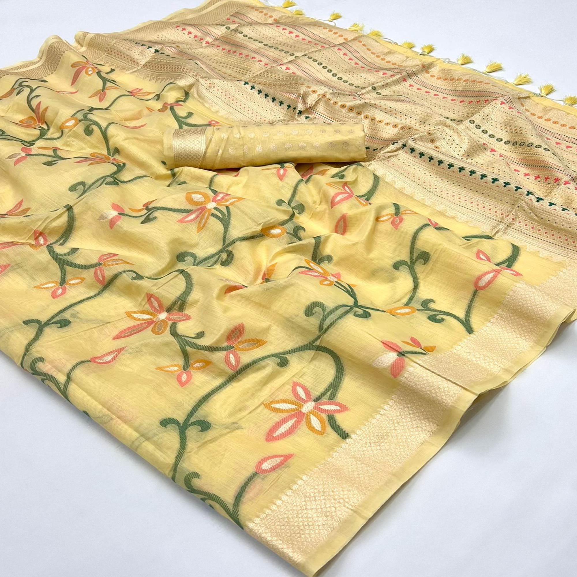 Yellow Floral Woven Cotton Silk Saree With Tassels