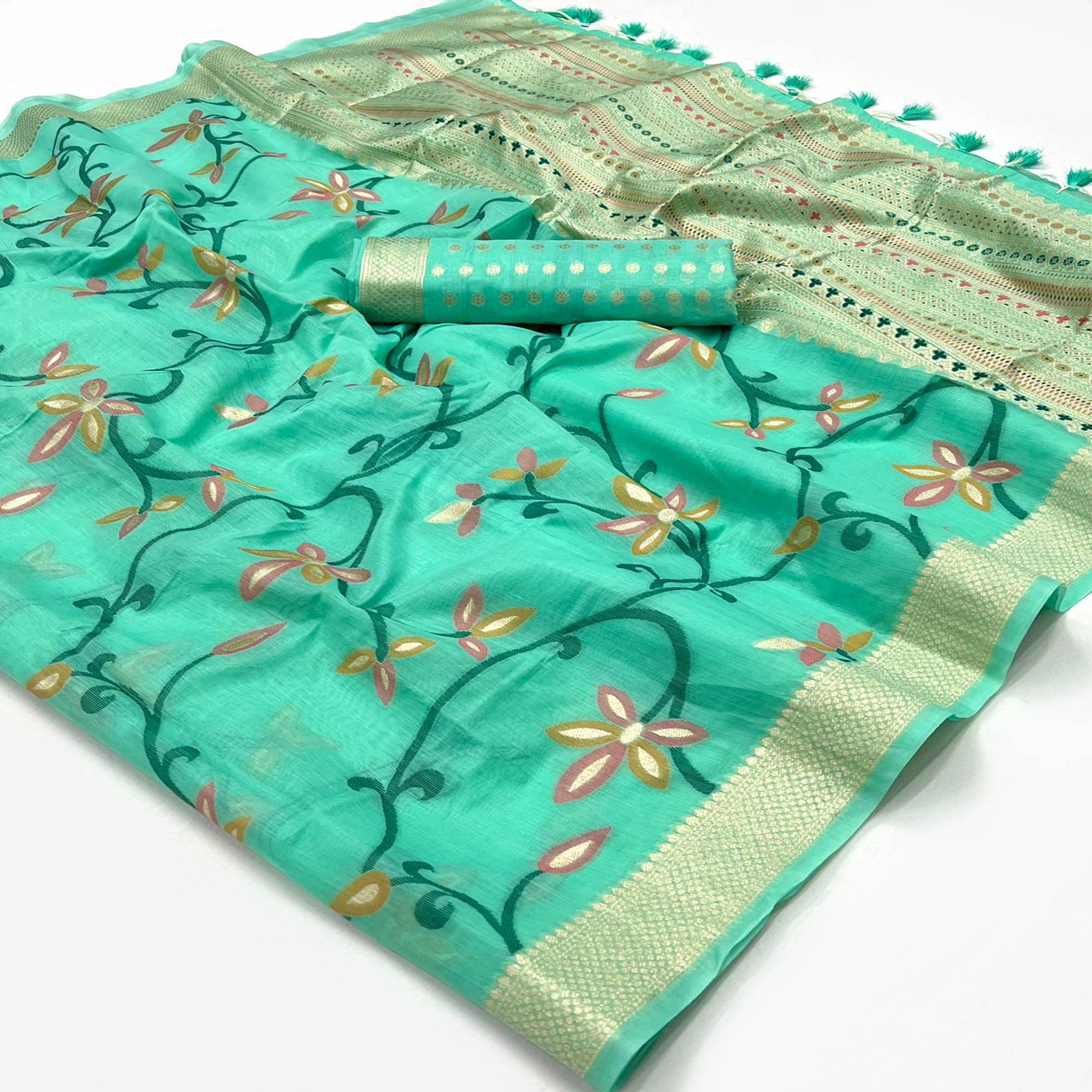 Turquoise Floral Woven Cotton Silk Saree With Tassels