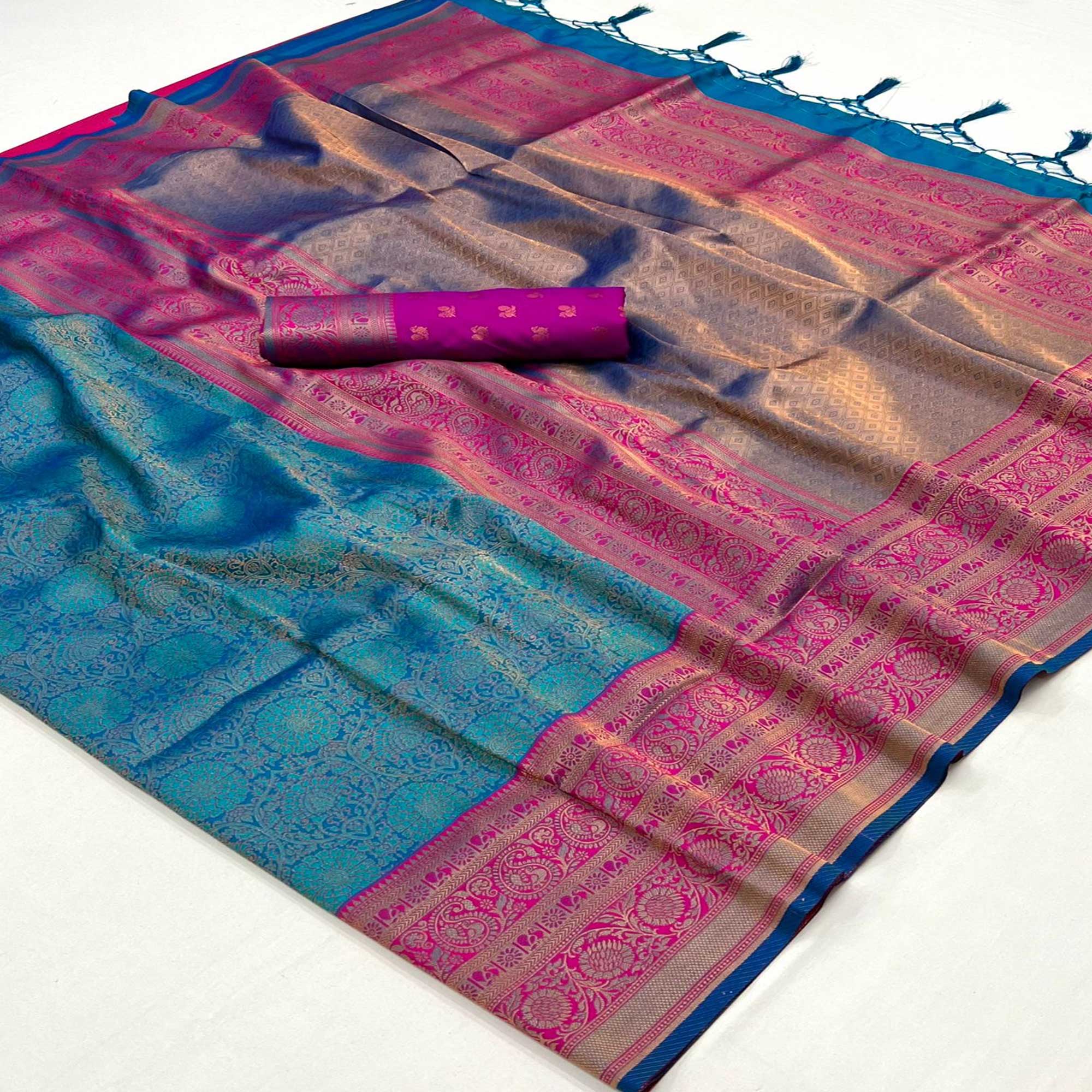 Rama Blue Floral Woven Art Silk Saree With Tassels