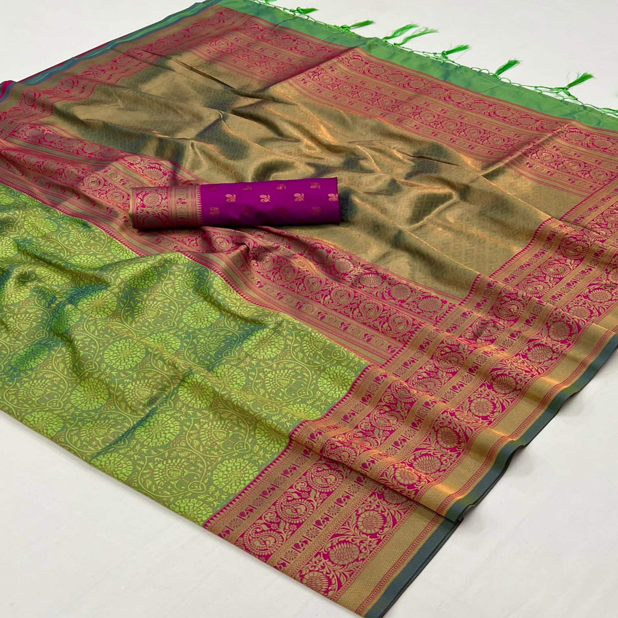 Pista Green Floral Woven Art Silk Saree With Tassels