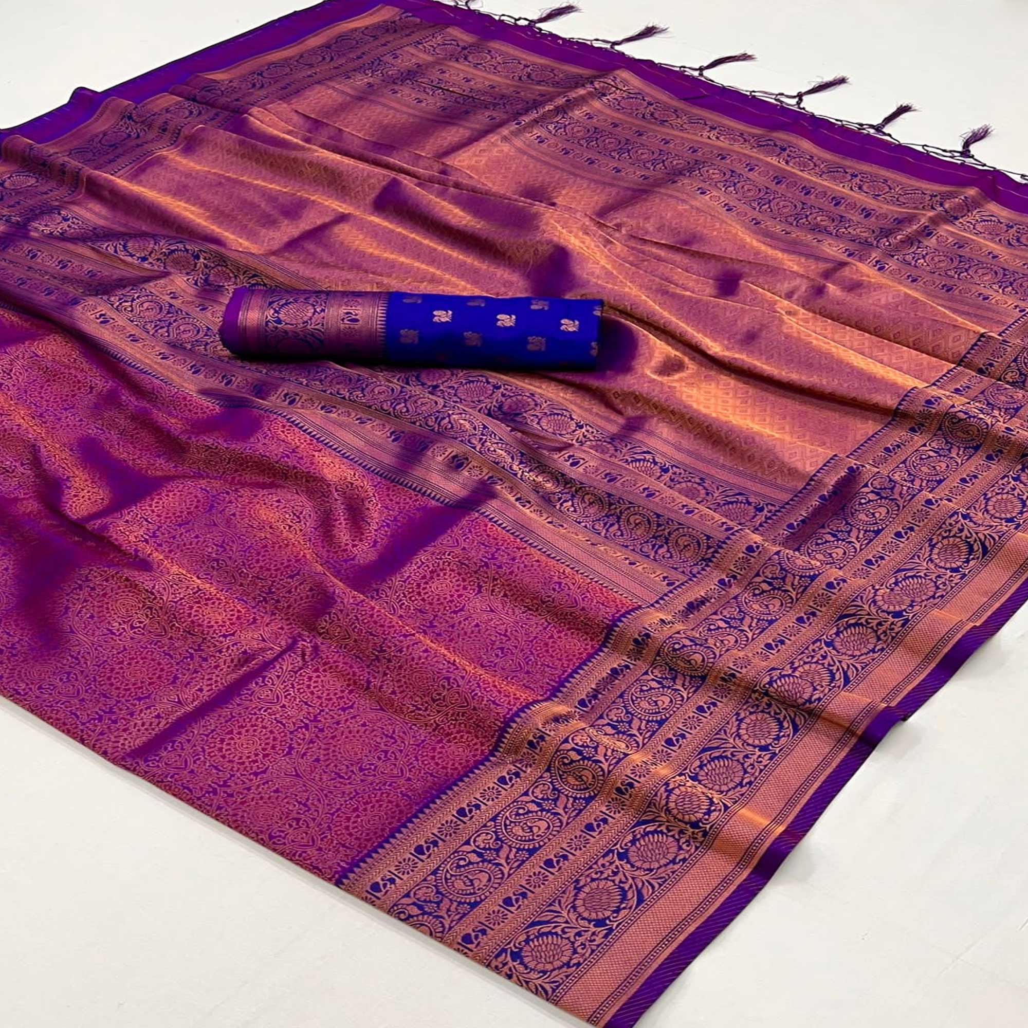 Purple Floral Woven Art Silk Saree With Tassels