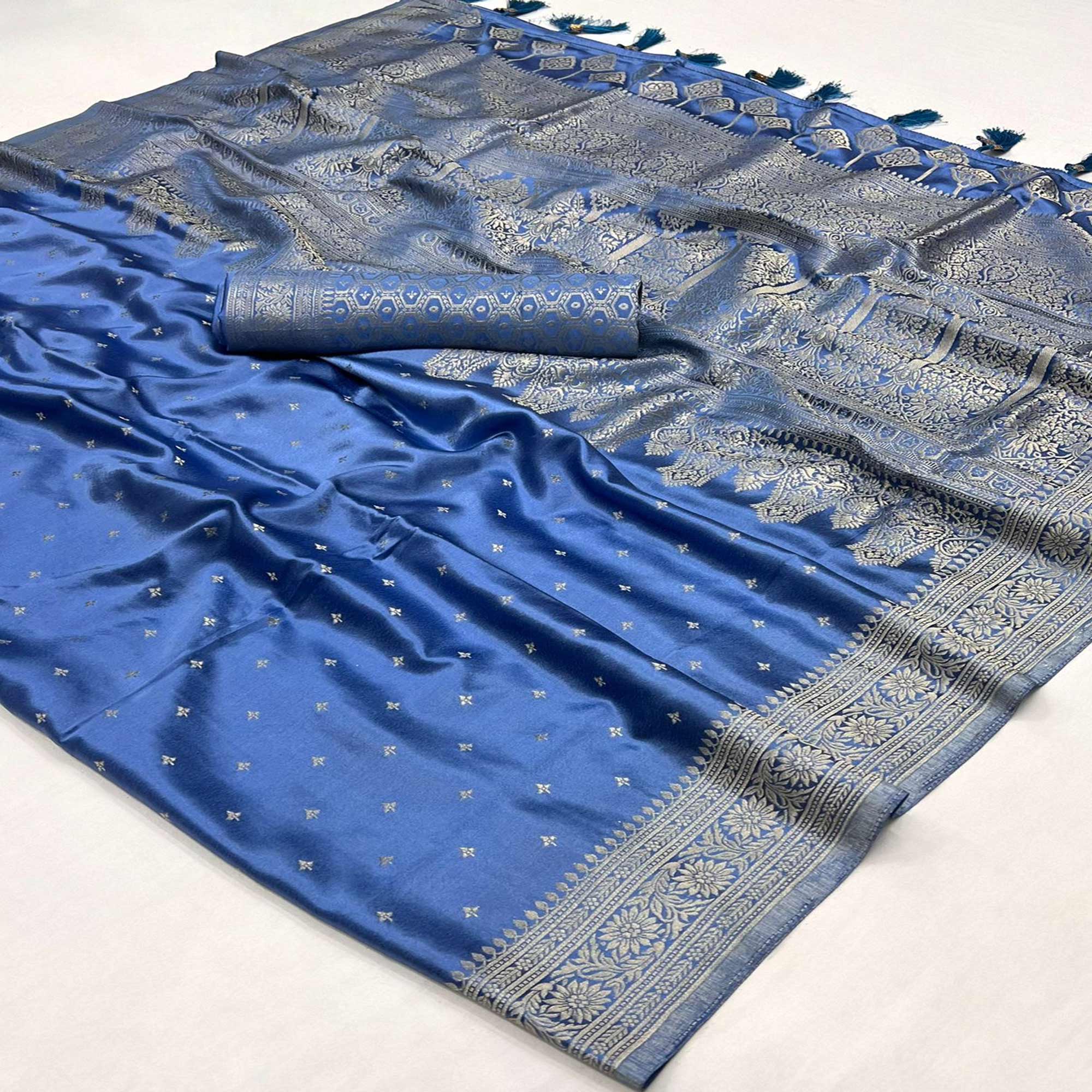 Blue Zari Woven Satin Silk Saree With Tassels