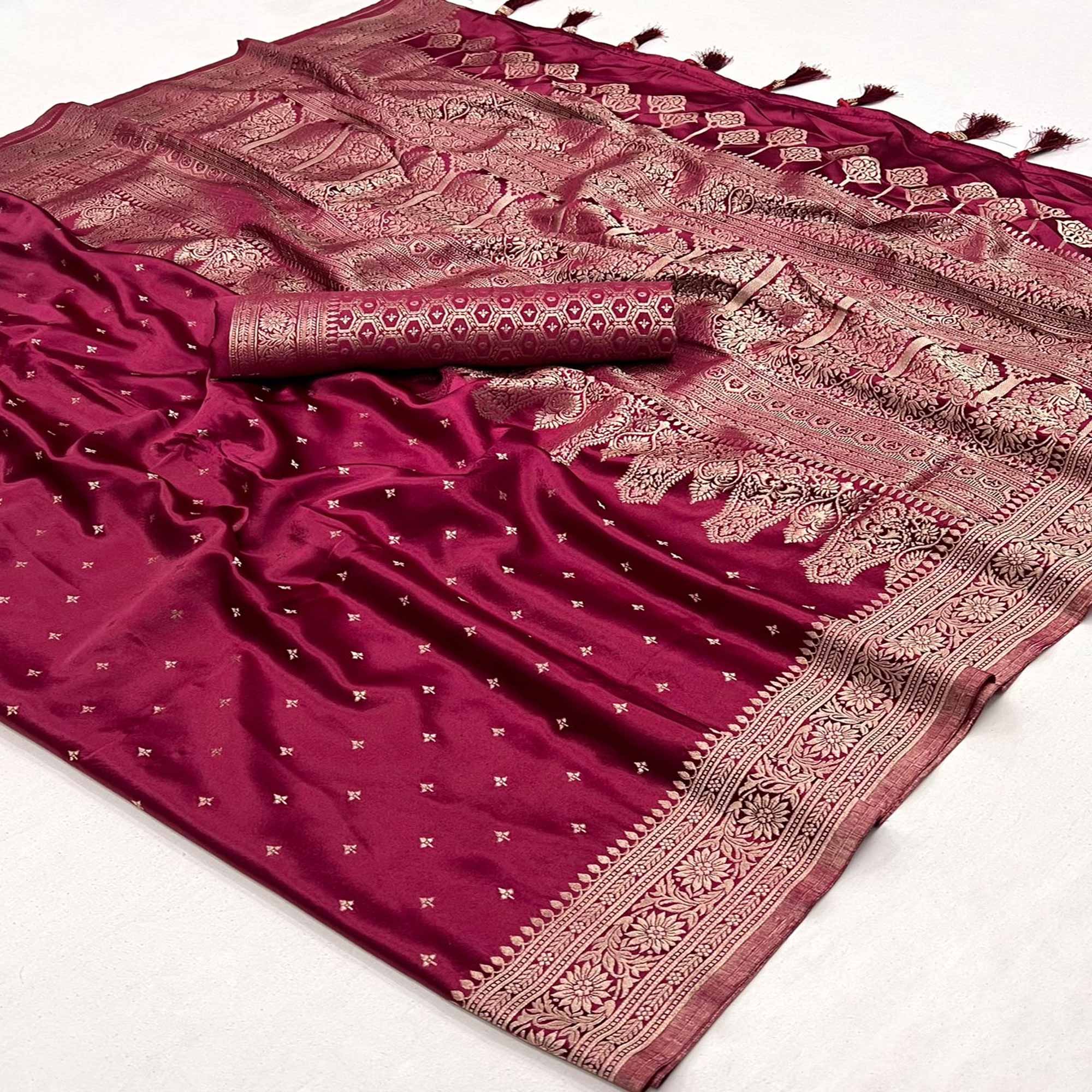 Wine Zari Woven Satin Saree With Tassels