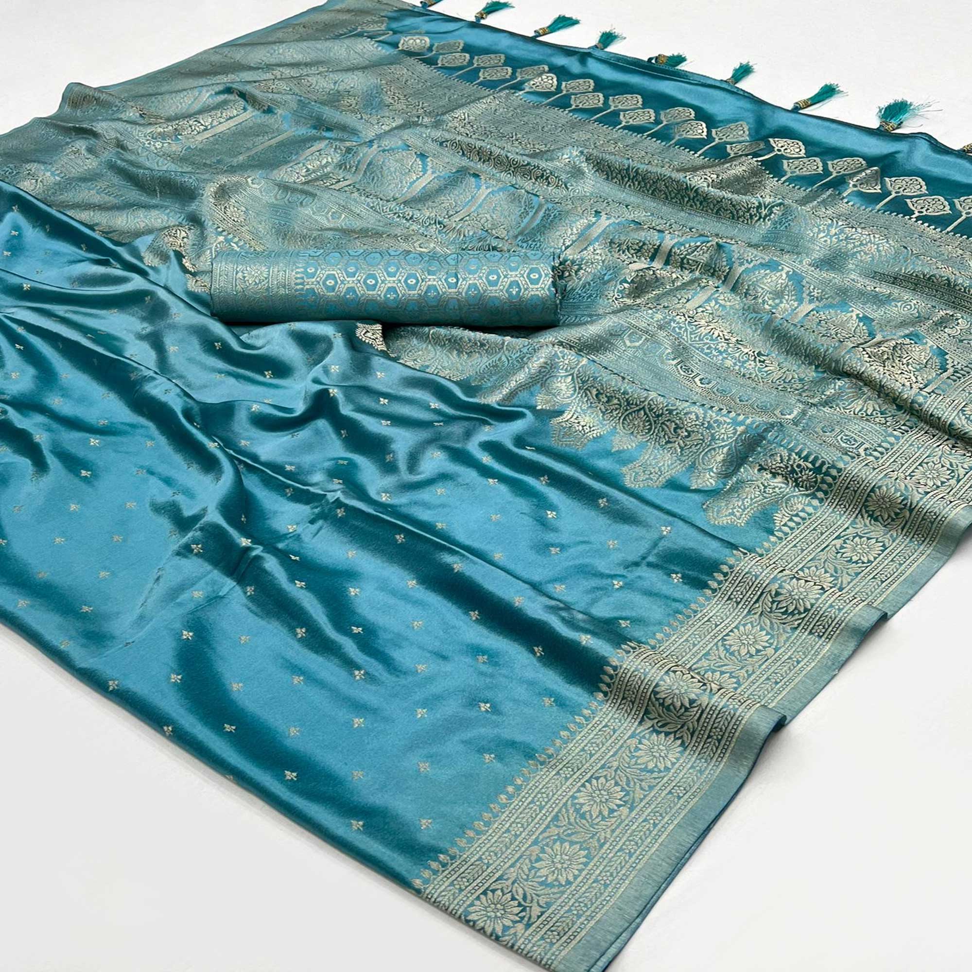 Rama Blue Zari Woven Satin Saree With Tassels