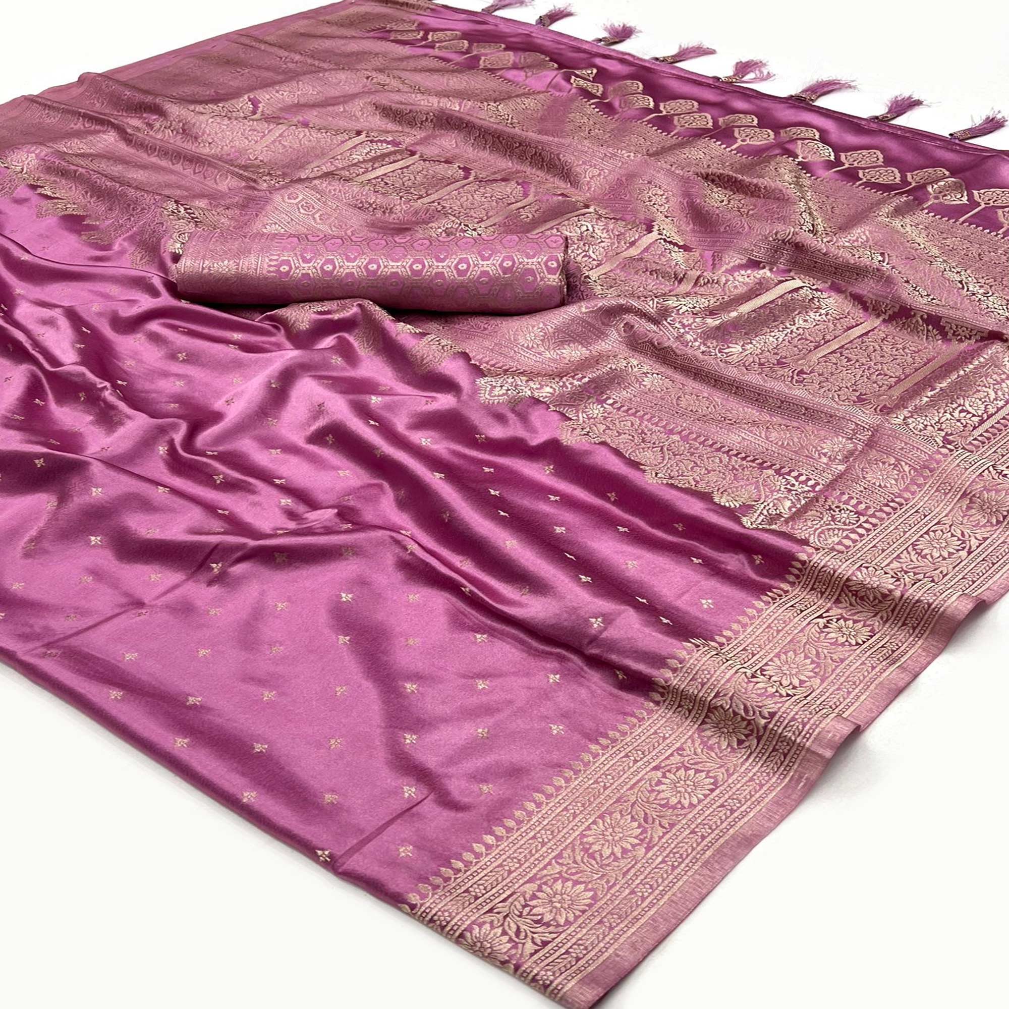 Pink Zari Woven Satin Saree With Tassels