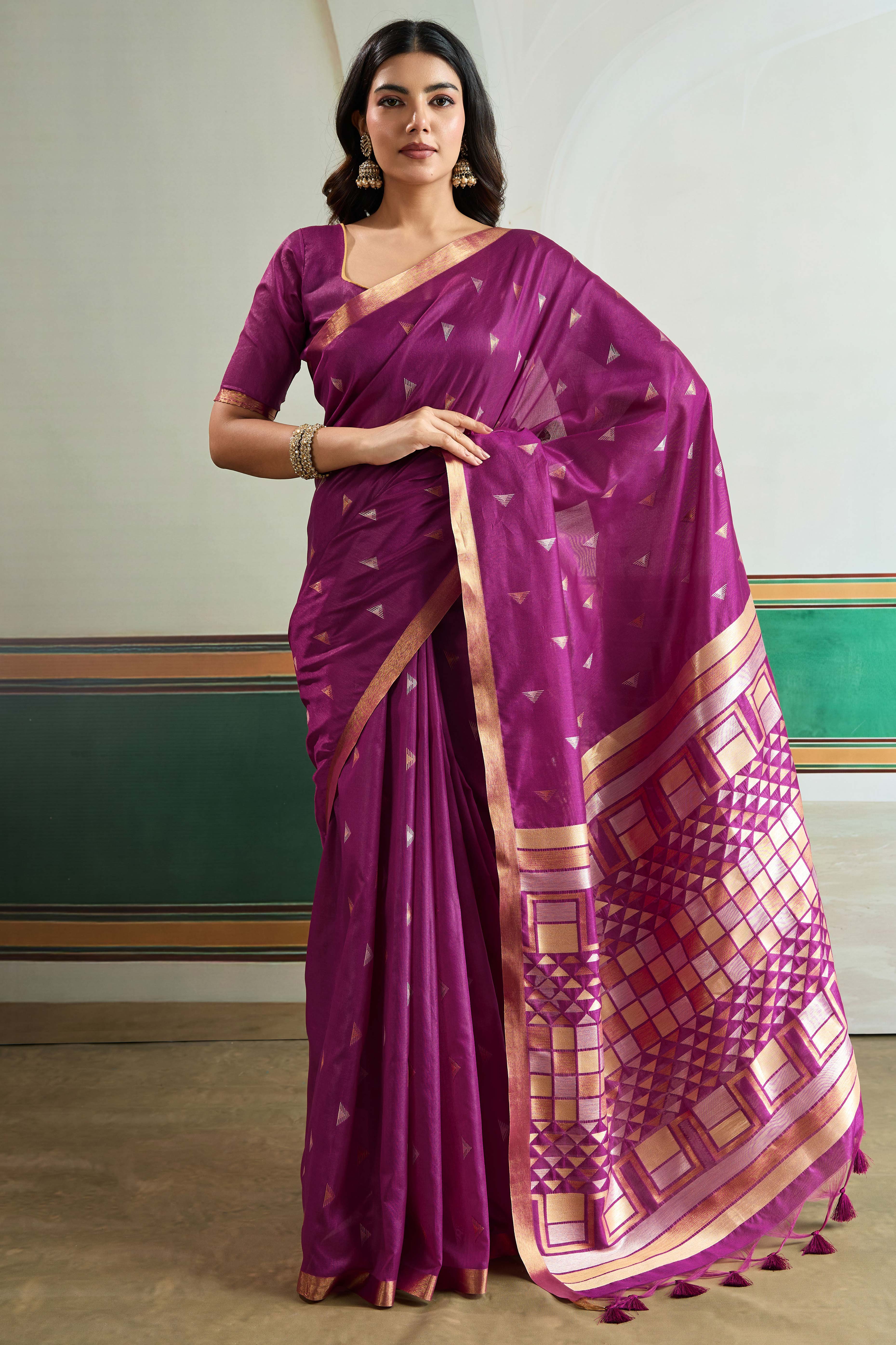 Classic Dark Magenta Tussar Silk Saree Showcasing Rich Geometric Weaving & Trendy Tassel Pallu