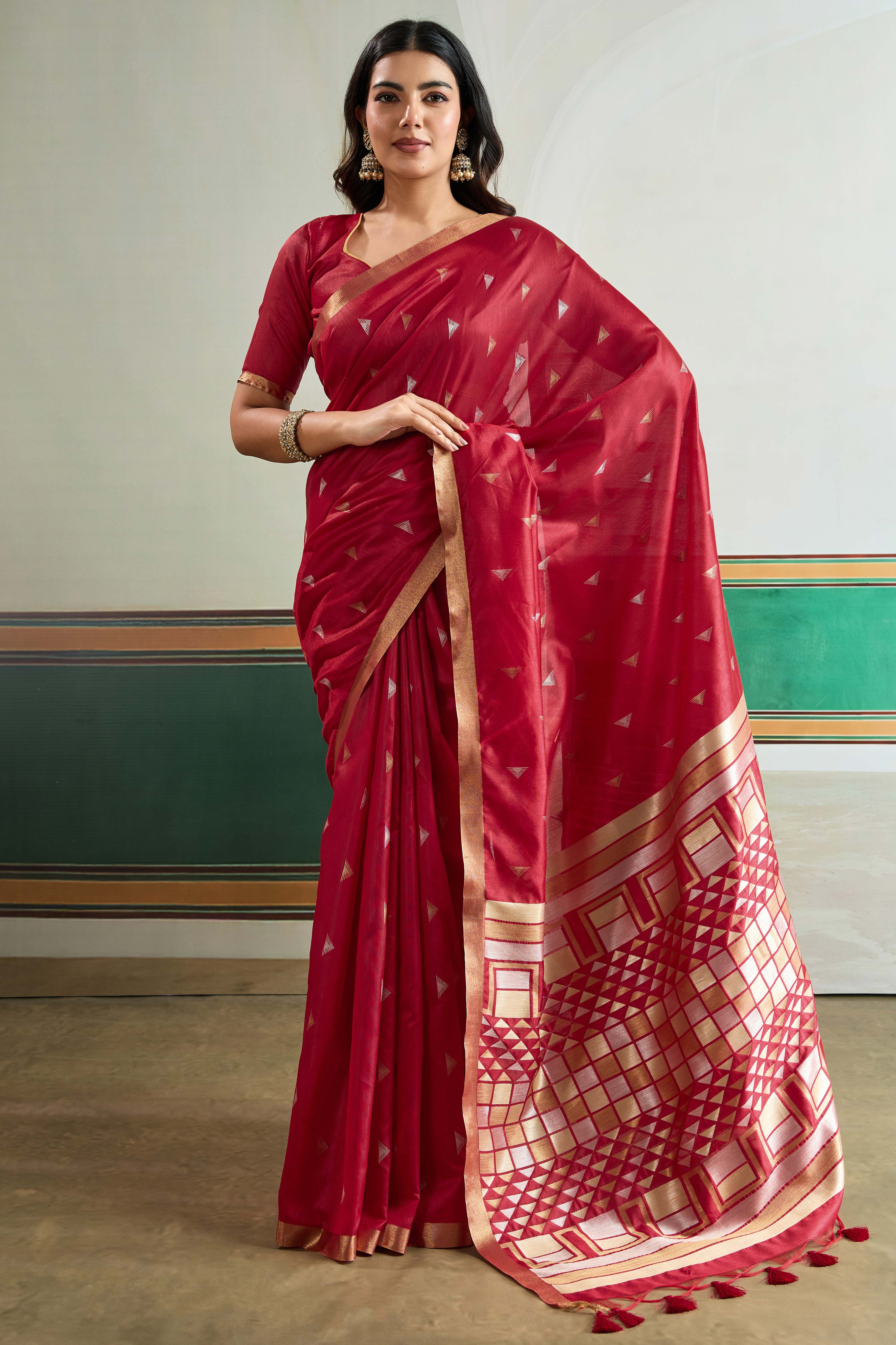 Classic Maroon Tussar Silk Saree Showcasing Rich Geometric Weaving & Trendy Tassel Pallu