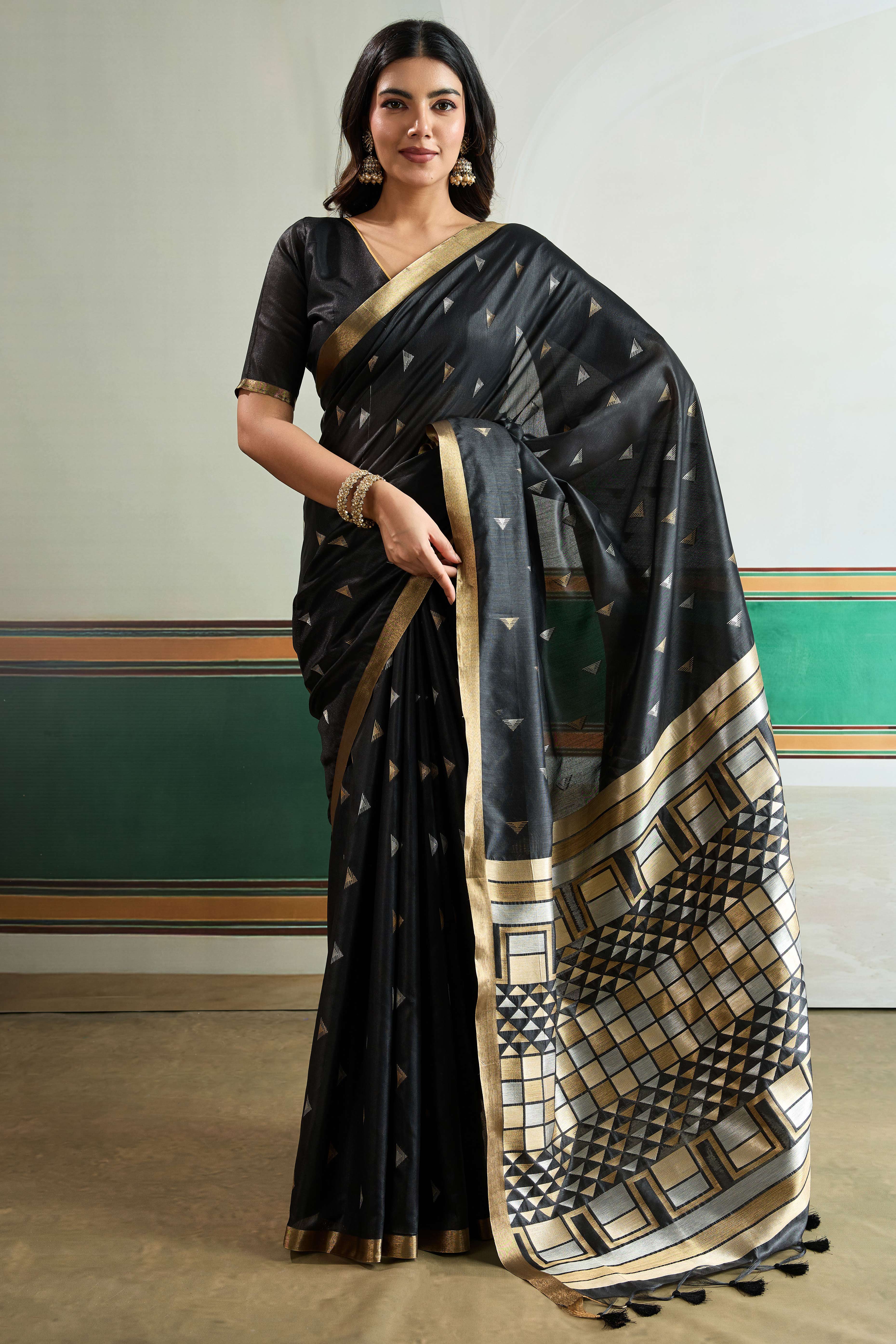 Classic Black Tussar Silk Saree Showcasing Rich Geometric Weaving & Trendy Tassel Pallu