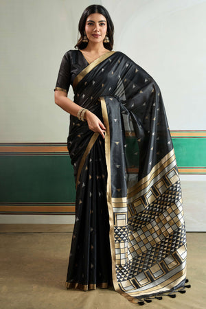 Classic Black Tussar Silk Saree Showcasing Rich Geometric Weaving & Trendy Tassel Pallu