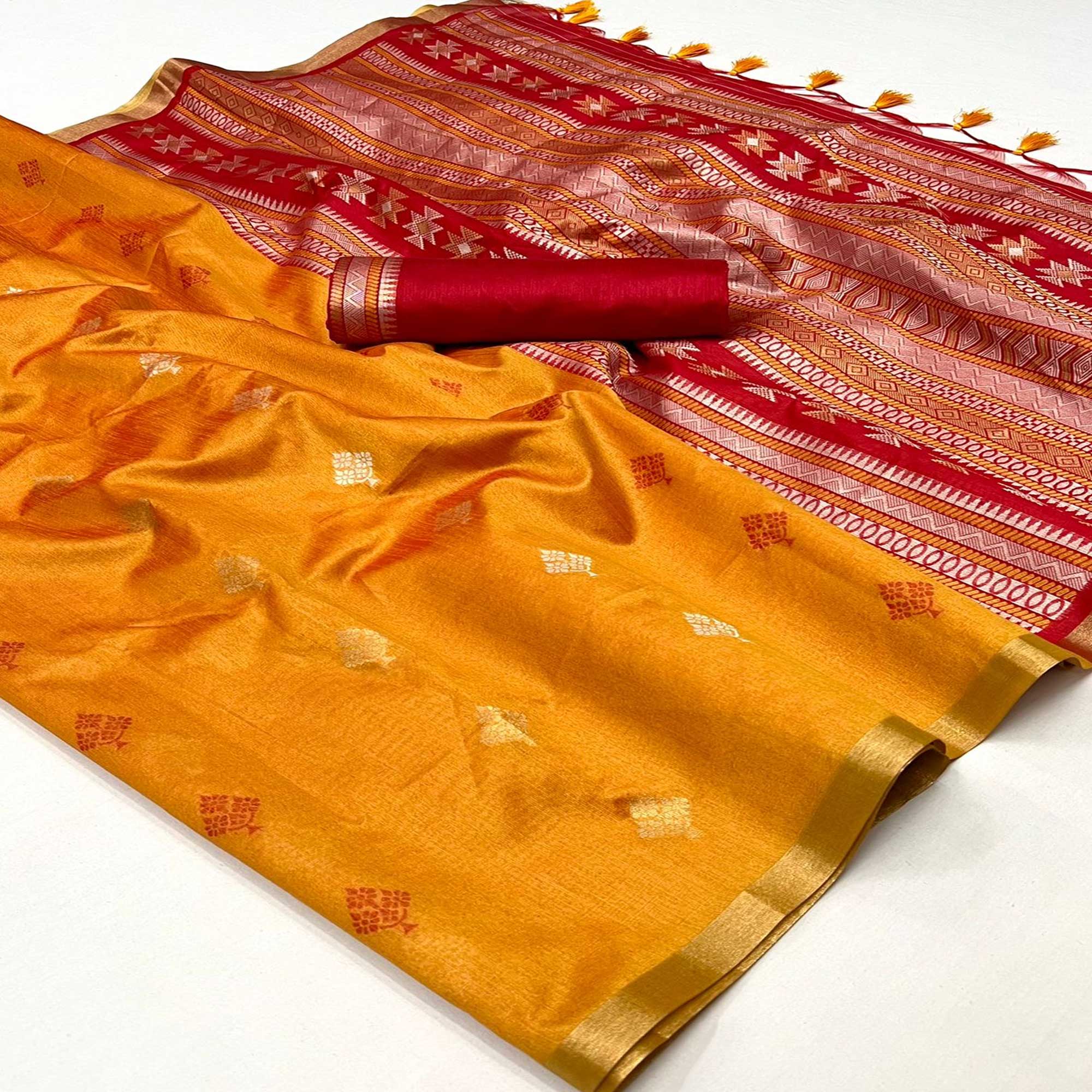 Mustard Woven Art Silk Saree With Tassels