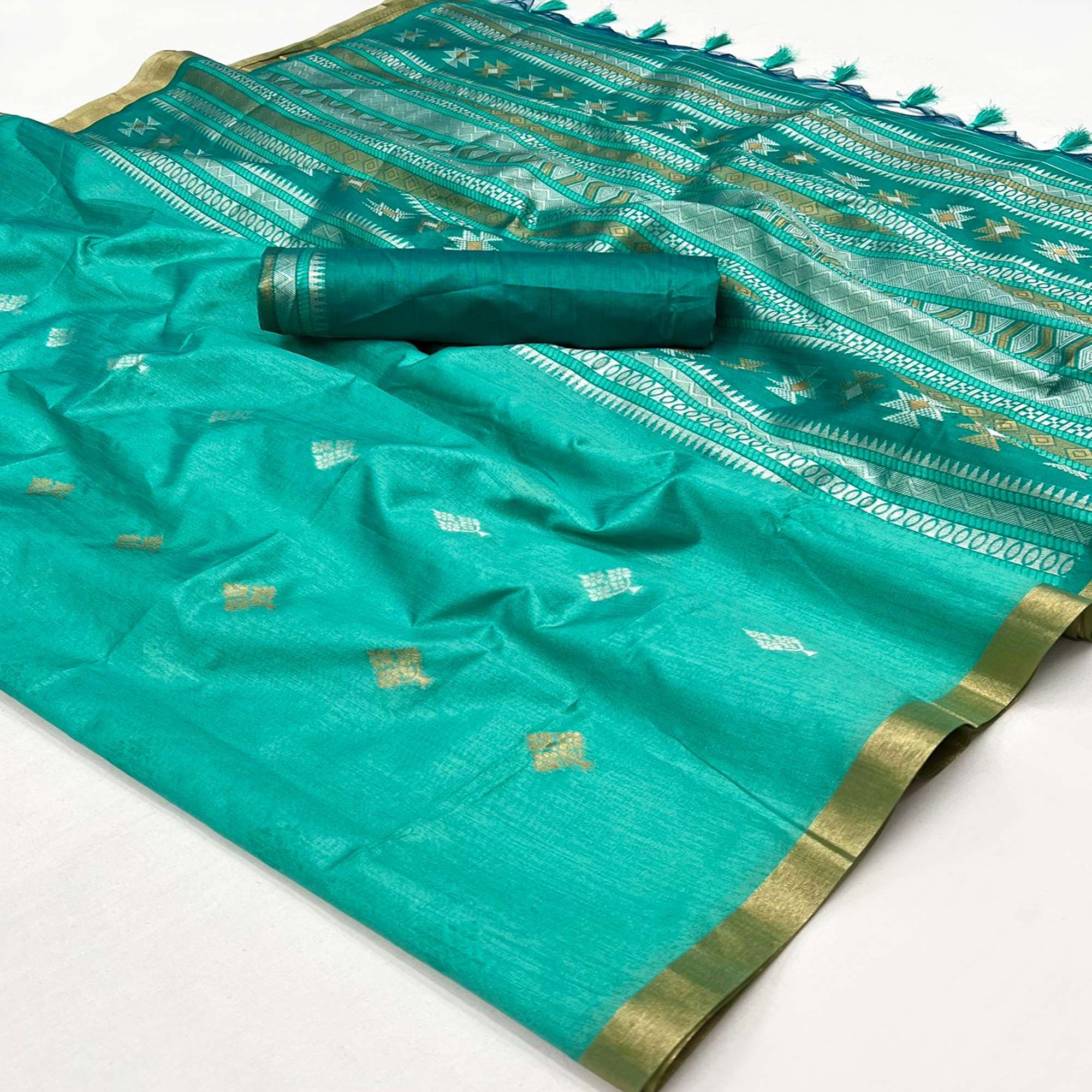 Turquoise Woven Art Silk Saree With Tassels