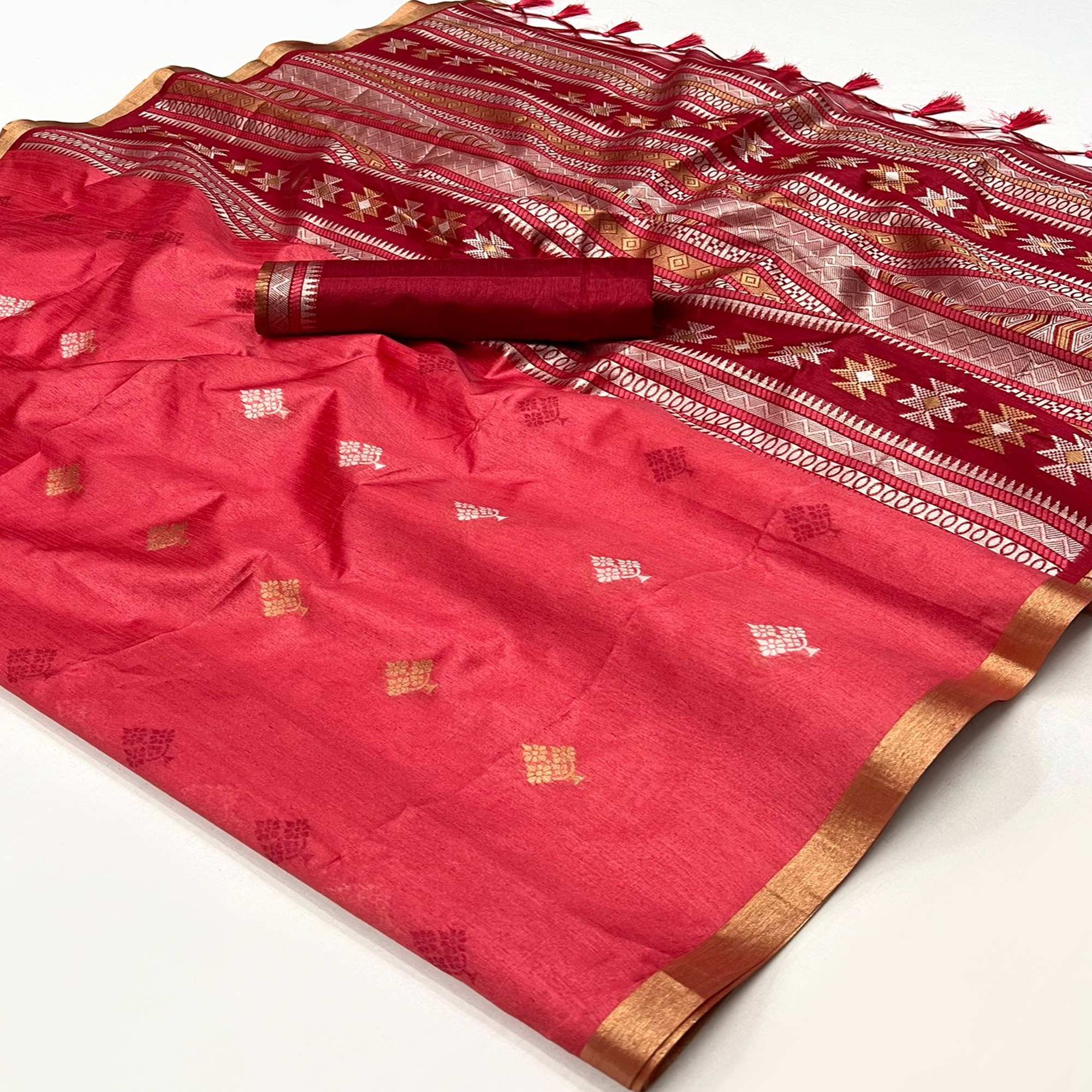 Gajri Pink Woven Art Silk Saree With Tassels