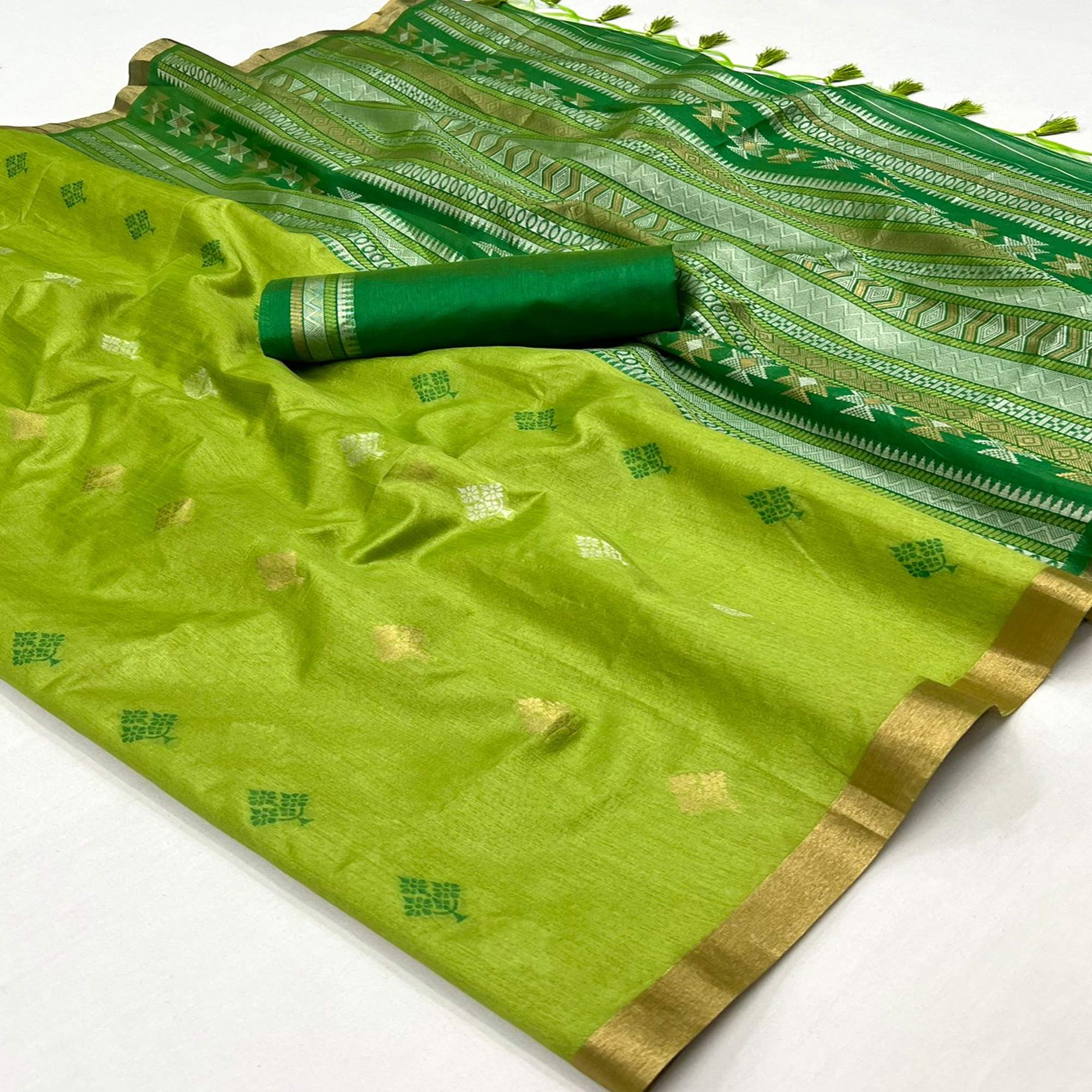 Green Woven Art Silk Saree With Tassels