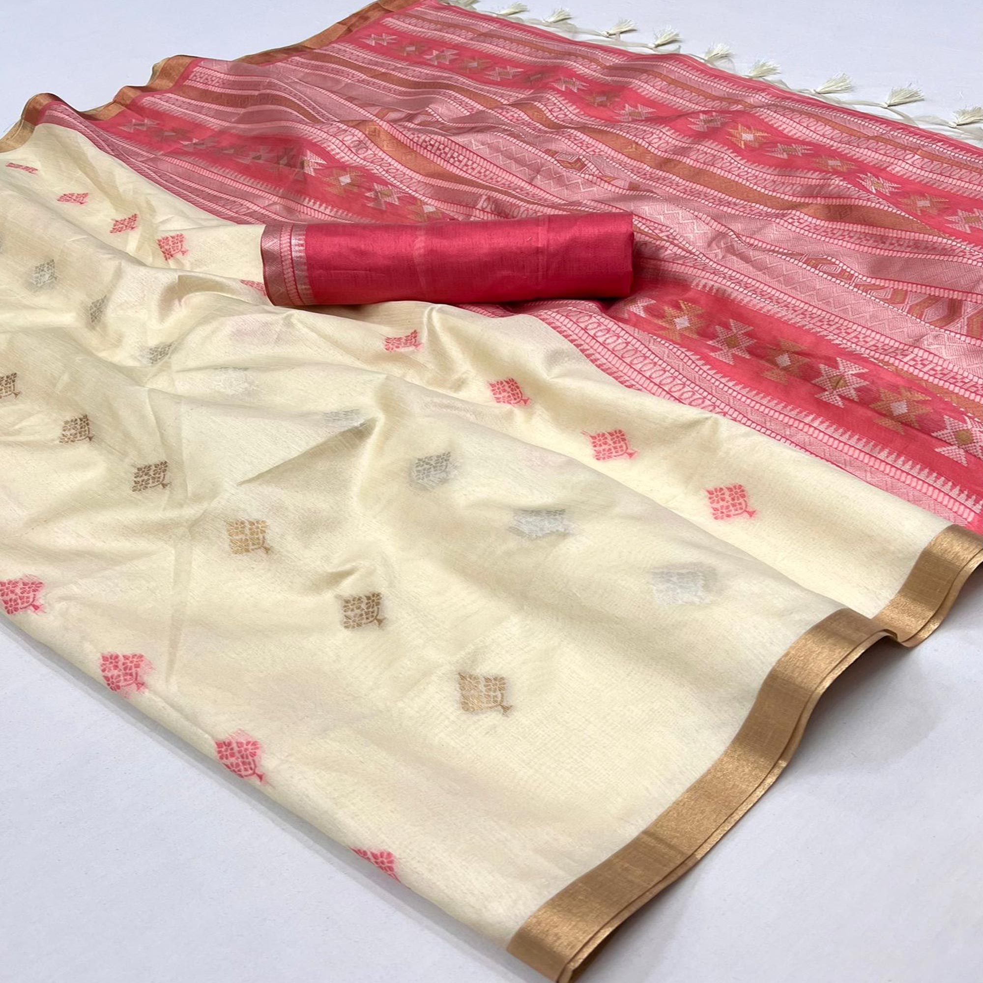 Off White Woven Art Silk Saree With Tassels