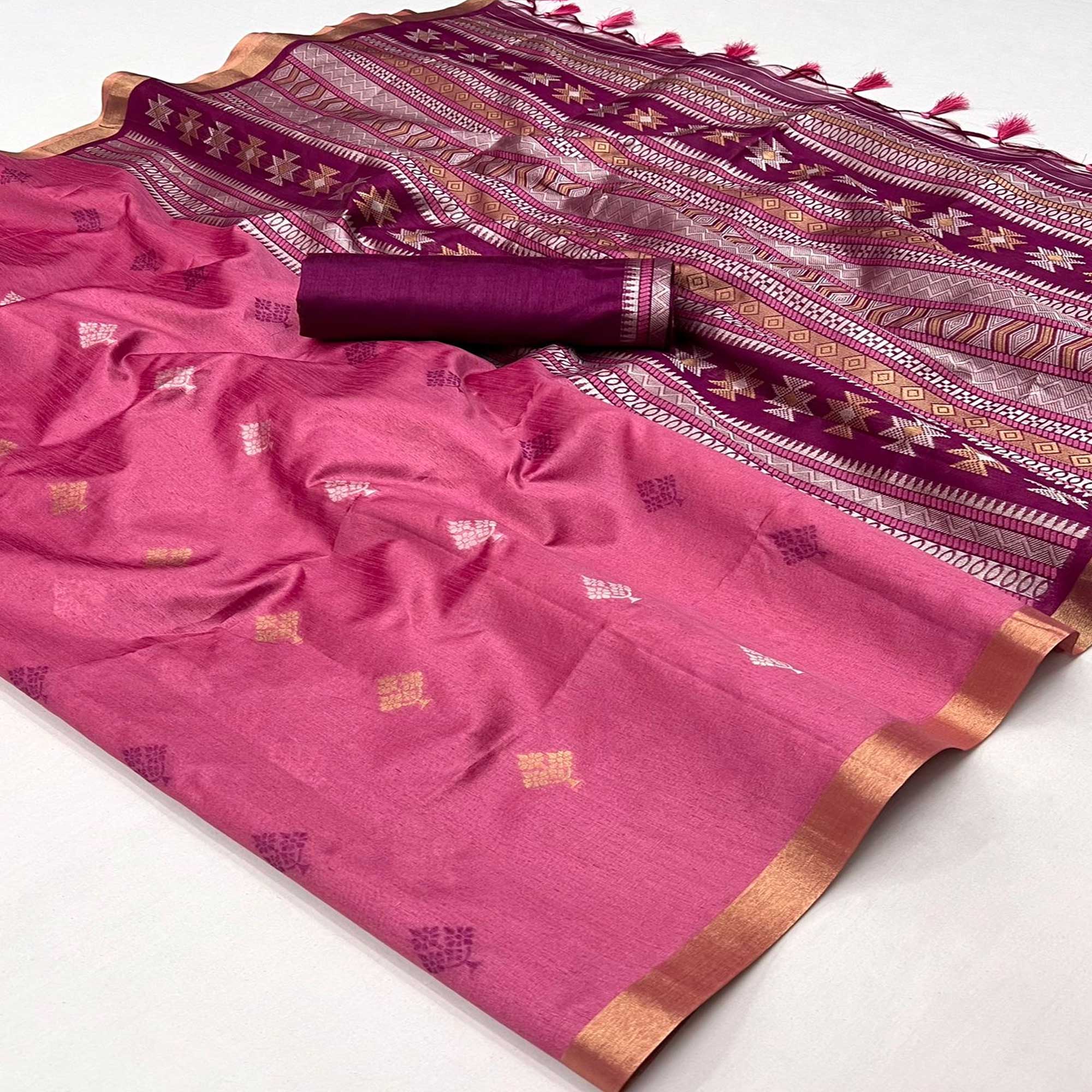 Pink Woven Art Silk Saree With Tassels