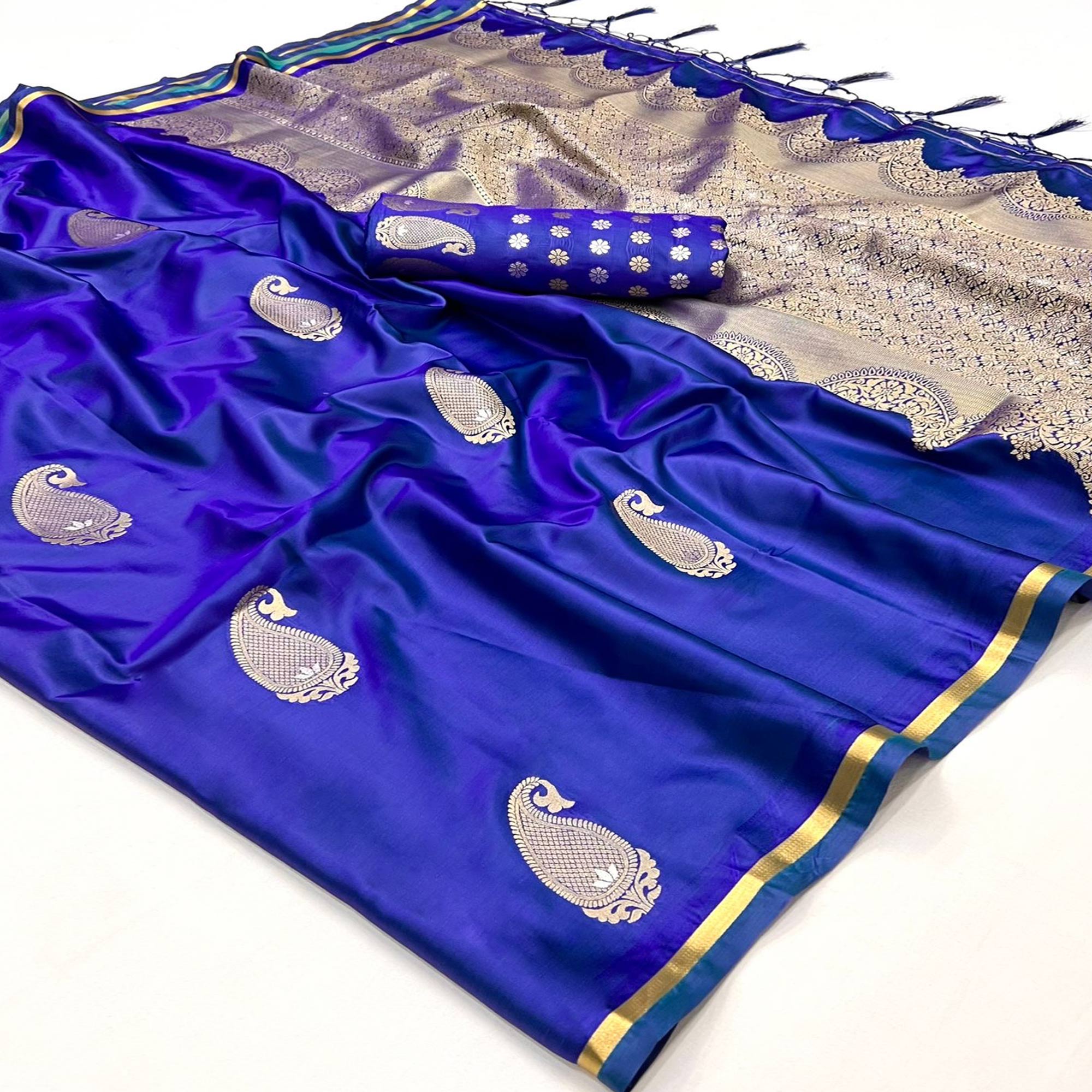 Royal Blue Zari Work Woven Satin Saree With Tassels