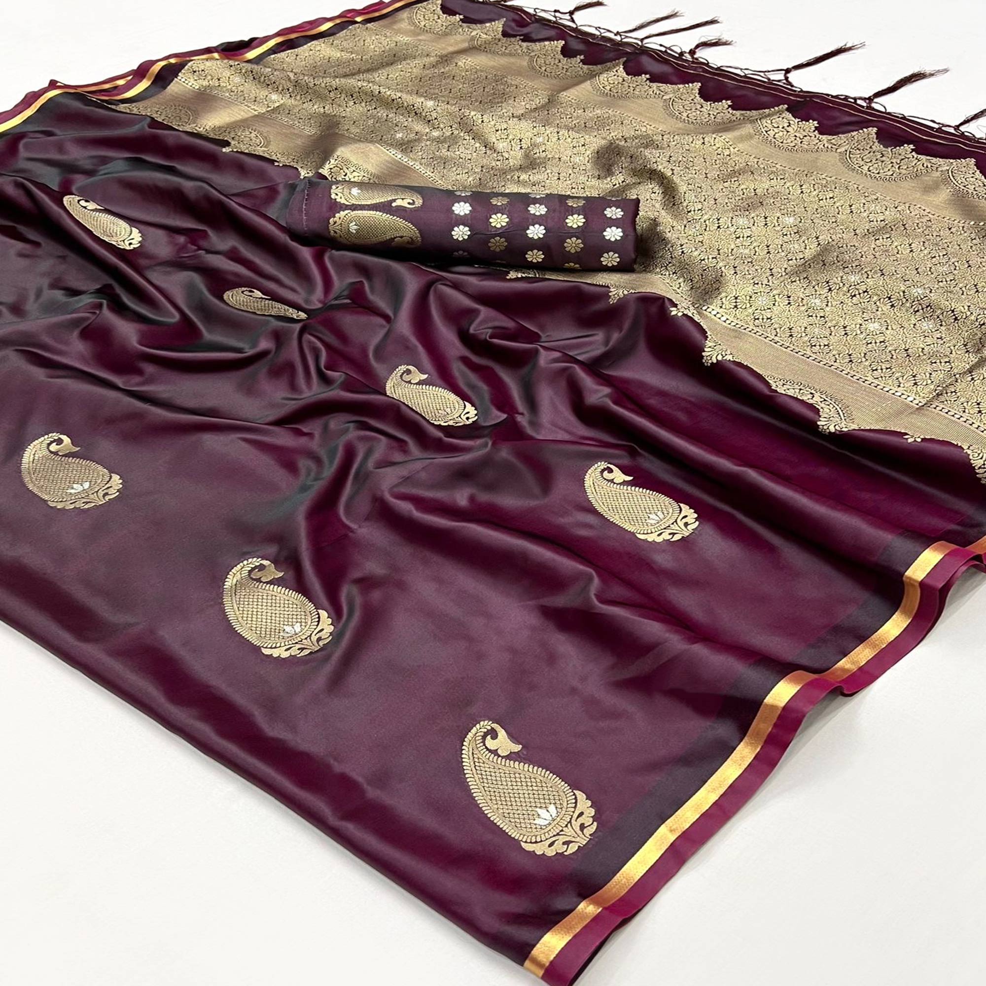 Burgundy Zari Work Woven Satin Saree With Tassels